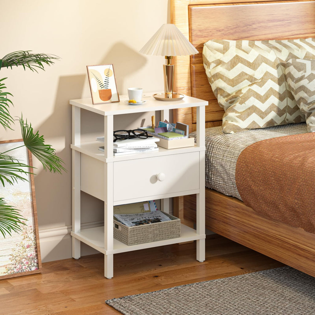 Lerliuo Nightstand with Charging Station and USB Ports, 3-Tier Storage End Table with Drawer Shelf, Night Stand for Small Spaces, Wood Bedside Table for Living Room, Bedroom - Retro Brown…