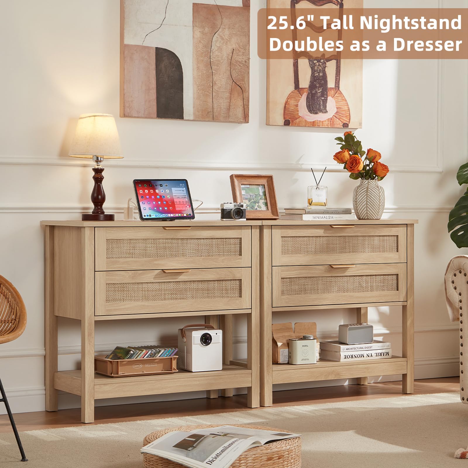 Lerliuo 31.5" Wide Rattan Nightstand,Oversized Large Boho Night Stand with 2 Drawers, 30" Tall Grey White Bedside Table with Storage Shelf, Bed Side End Tables for Bedroom, Living Room, Hallway
