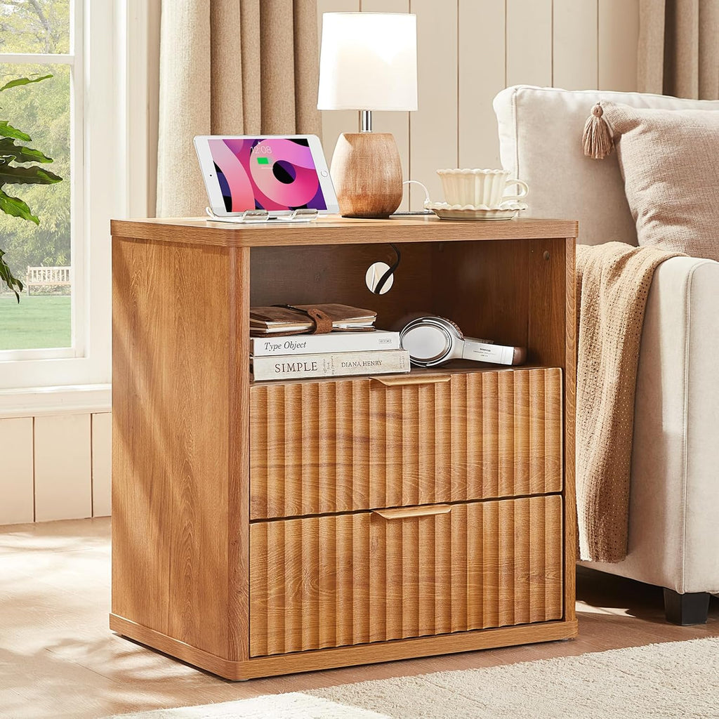 LEYAOYAO Fluted Lift Top Coffee Table and Night Stand Set,Wood 48" Wide Center Tables & 23" with Charging Station Chest of Drawers,Farmhouse Living Room Suites for Bedroom Home,Brown