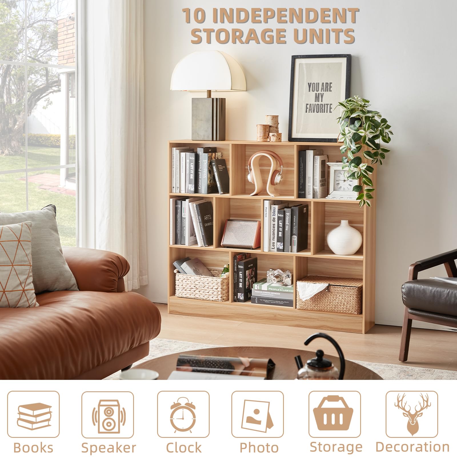 LEYAOYAO 7 Cube Bookshelf with Base,3 Tier Mid-Century Modern Blue Bookcase,Standing Wide Bookshelves Storage Organizer Shelf,Rustic Wood Display Cabinet Book Shelves for Bedroom,Living Room,Office