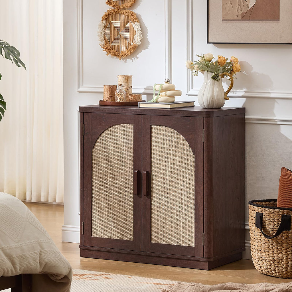 LEYAOYAO Rattan Sideboard Buffet Cabinet with Storage, 31.5" Coffee Bar Cabinet with Arch Doors & Adjustable Shelves, Wood Credenza, Boho Accent Cabinet for Kitchen, Living Room, Natural