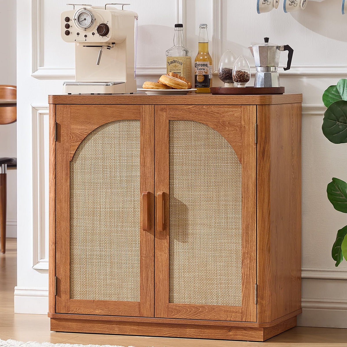 LEYAOYAO Rattan Sideboard Buffet Cabinet with Storage, 31.5" Coffee Bar Cabinet with Arch Doors & Adjustable Shelves, Wood Credenza, Boho Accent Cabinet for Kitchen, Living Room, Natural