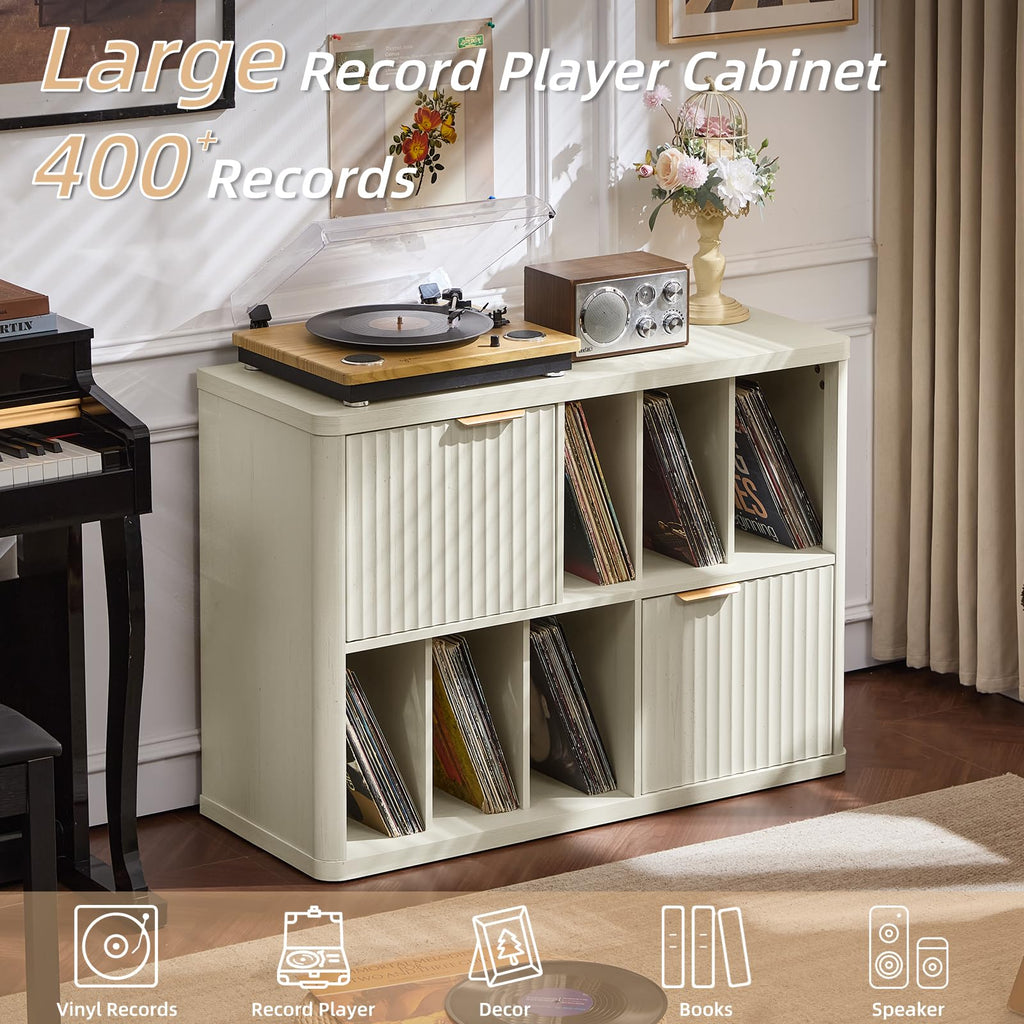 LEYAOYAO Large Record Player Stand with Vinyl Storage Up to 450 Albums, Wood Fluted Record Storage Accent Cabinet, Modern Stereo Media Cabinets, Wide Turntable Stand for Living Room, Antique White