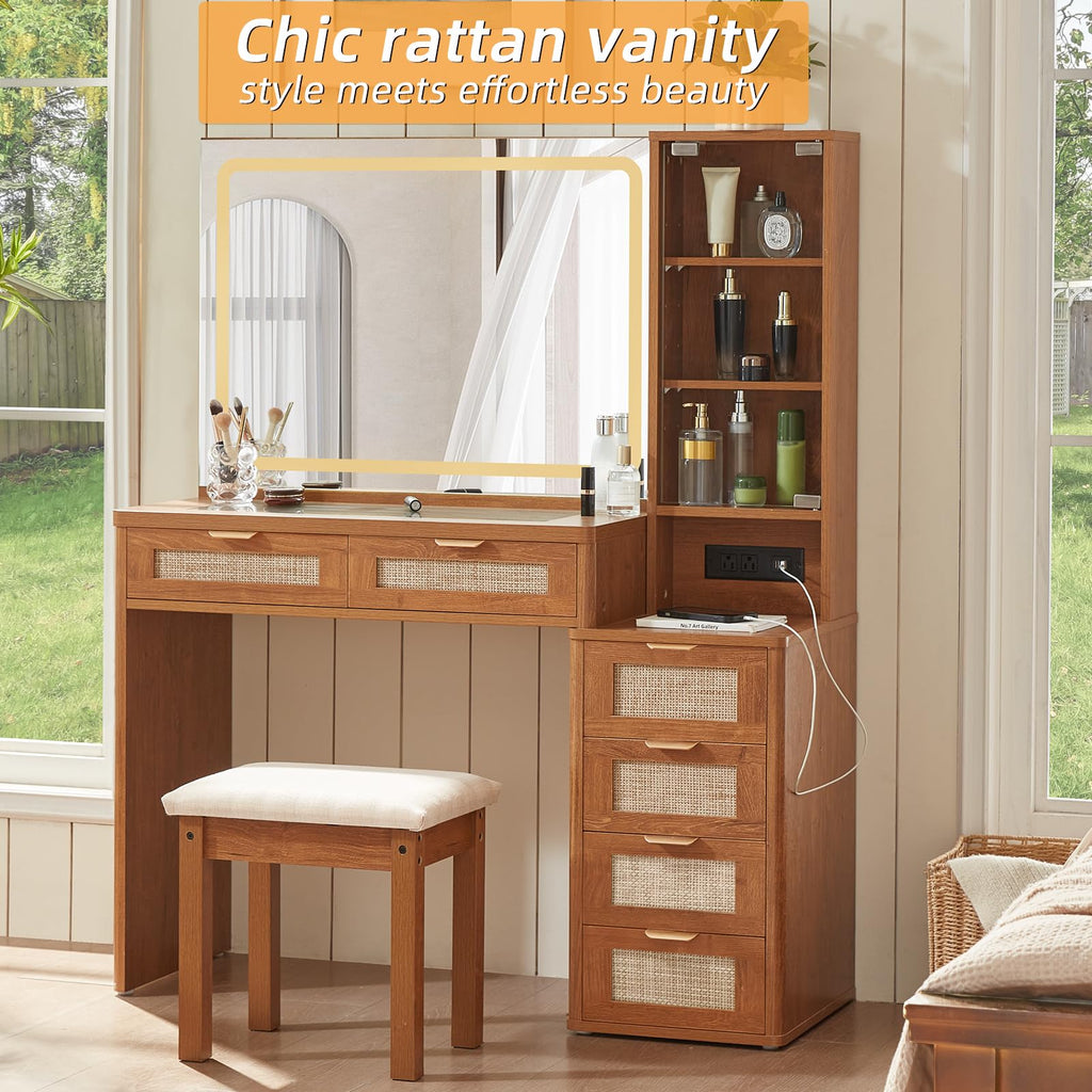 LEYAOYAO Rattan Makeup Vanity Desk with Stool, Mirror and Lights