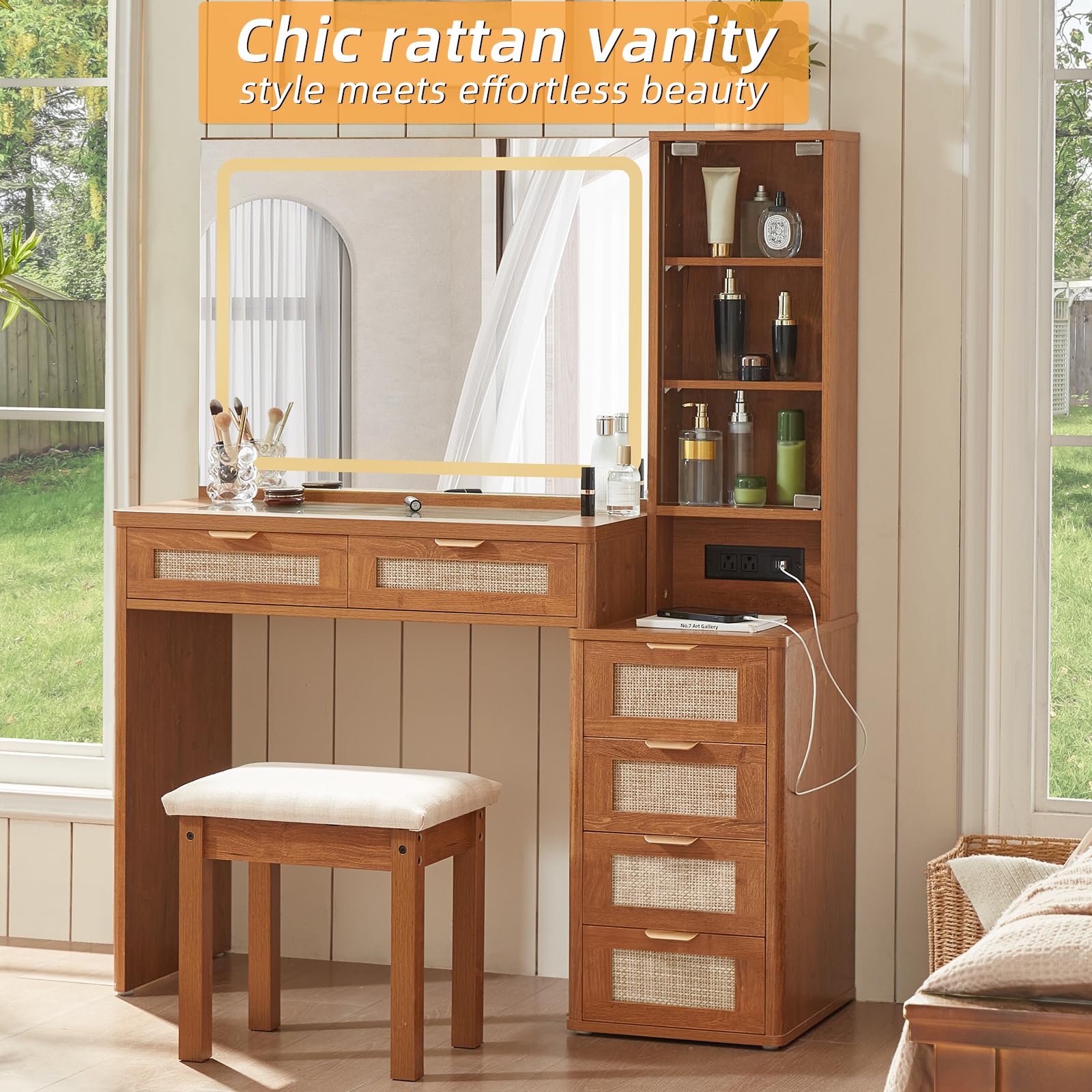 LEYAOYAO Rattan Makeup Vanity Desk with Stool, Mirror and Lights