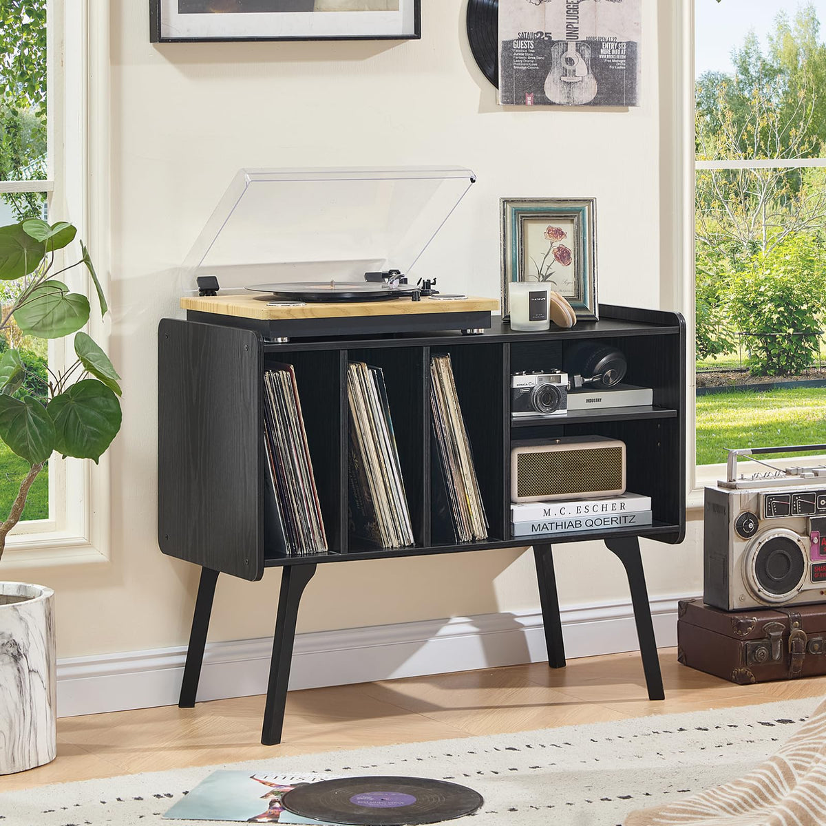 Lerliuo Record Player Stand with 4 Cabinet Holds Up to 220 Albums,Oak