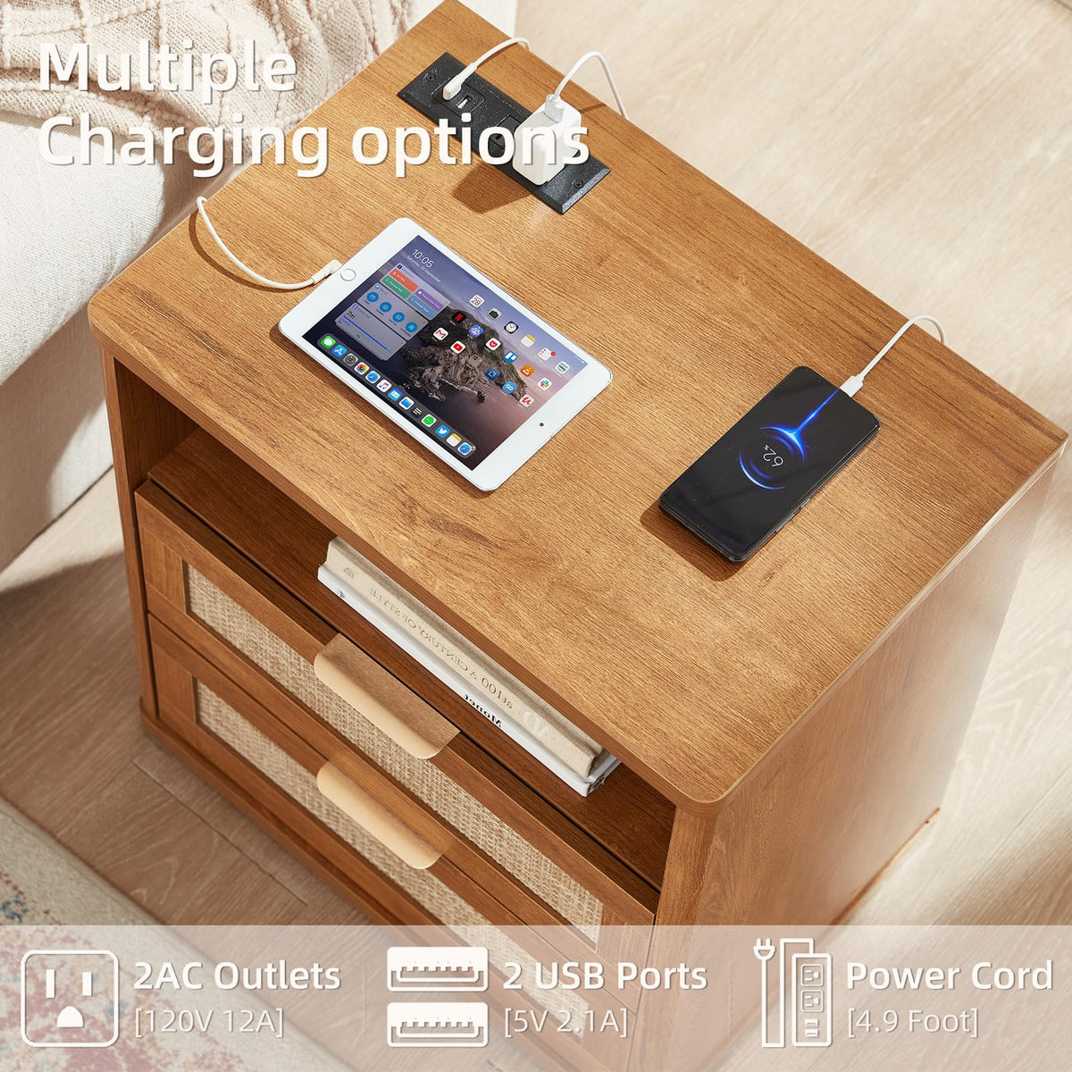 Lerliuo Rattan NightStand with Charger Station, 23" Wide Boho Bedside Table with Drawers, Natural Wood Night Stand Open Storage Cabinet, Bed Side End Table Dresser for Living Room, Hallway, Bedroom