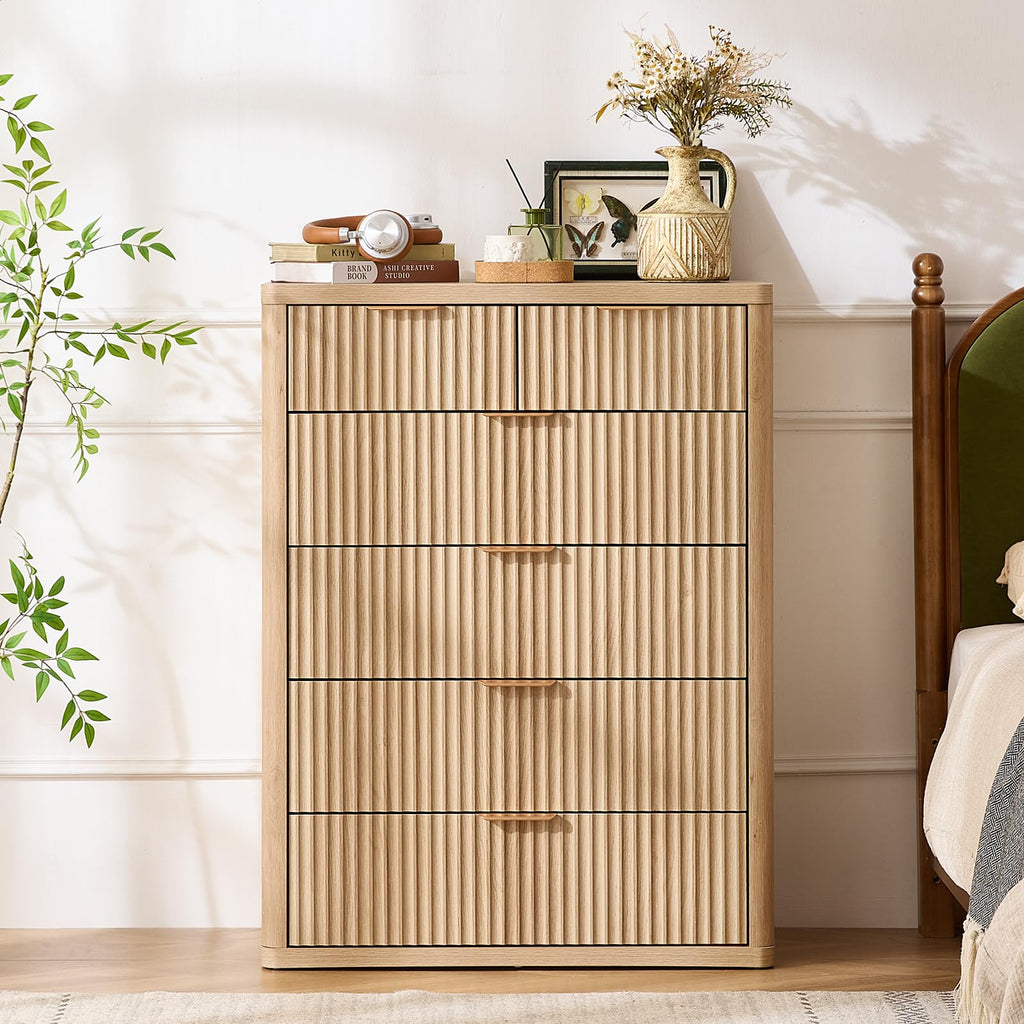 LEYAOYAO Fluted Dressers & Nightstand Set of 4, Wood 48" Wide Dresser & 42" Tall Chest of Drawers,Modern Bedroom Furniture Sets, Black Wooden Nightstand Set of 2 with 2 Drawers & Charging Station
