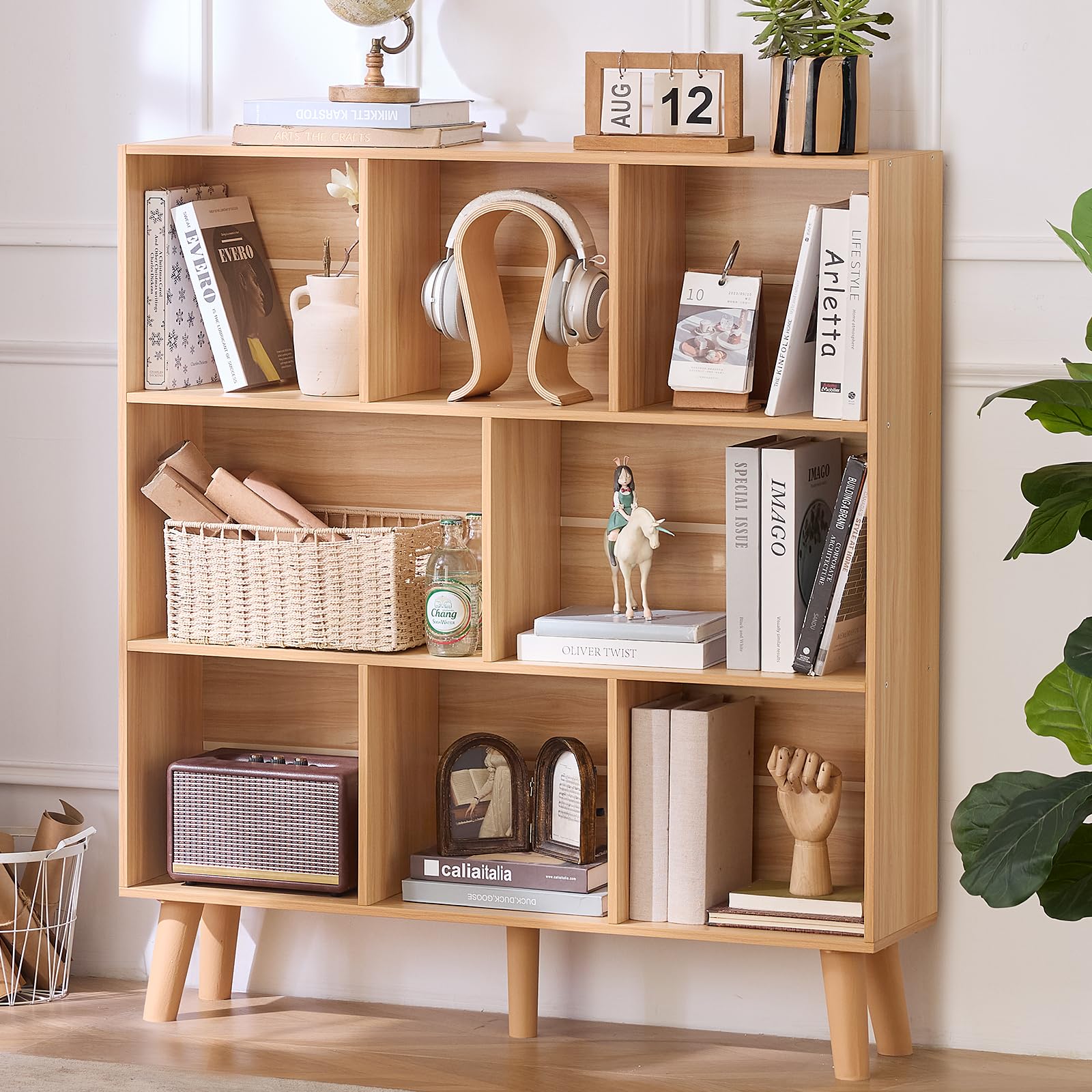 LEYAOYAO Cube Bookshelf, Mid-Century Modern Book Shelf with Legs, Brown