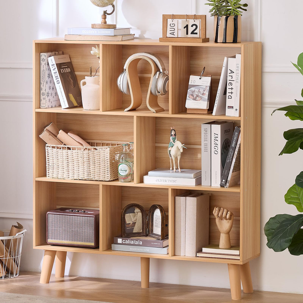 LEYAOYAO Cube Bookshelf, Mid-Century Modern Book Shelf with Legs, Brown