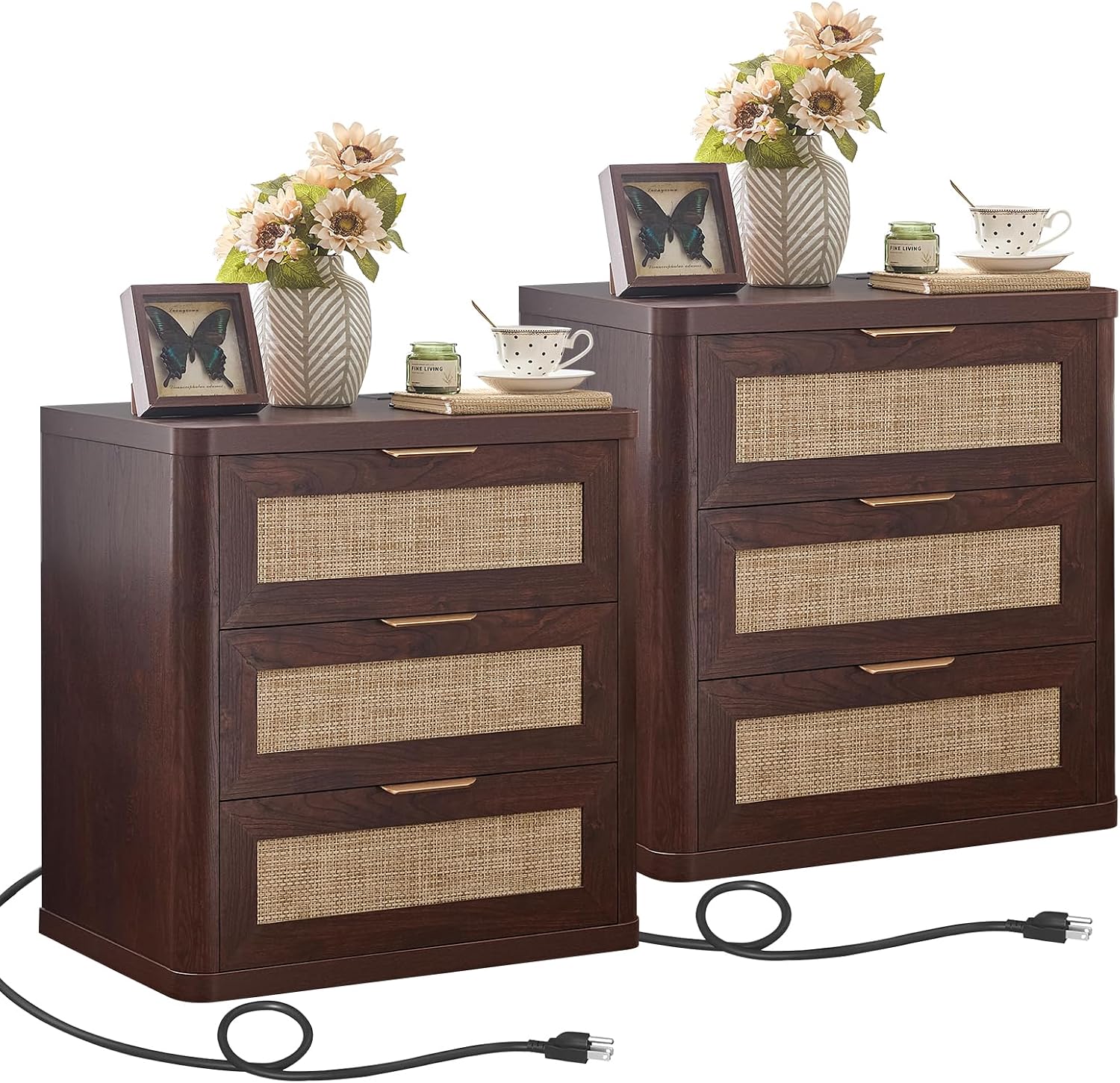 LEYAOYAO Rattan 23" Nightstands with Charger Station 2 Drawers