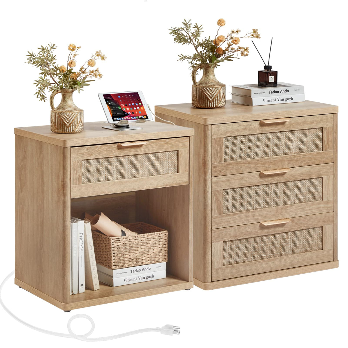 LEYAOYAO Rattan Nightstand Set of 2 with Charging Station, 1 & 2 Drawers Boho Night Stand Dresser for Bedroom, Natural Wood Bedside Table Open Storage Cabinet, Bed Side End Tables, Living Room,Hallway
