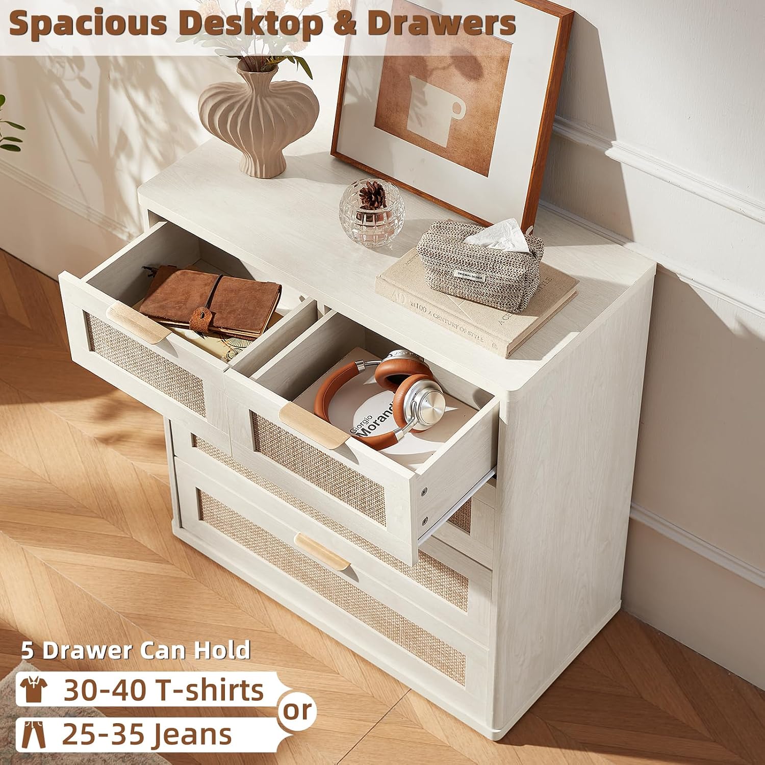 LEYAOYAO Rattan Dresser for Bedroom, 33.5" Small Chest of Drawers