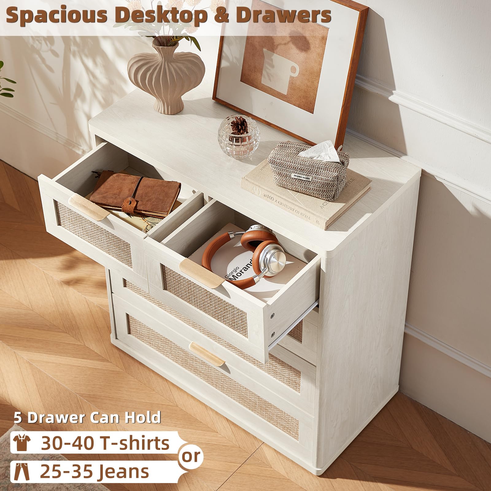 LEYAOYAO Rattan Dresser for Bedroom, 41" Tall Chest of Drawers