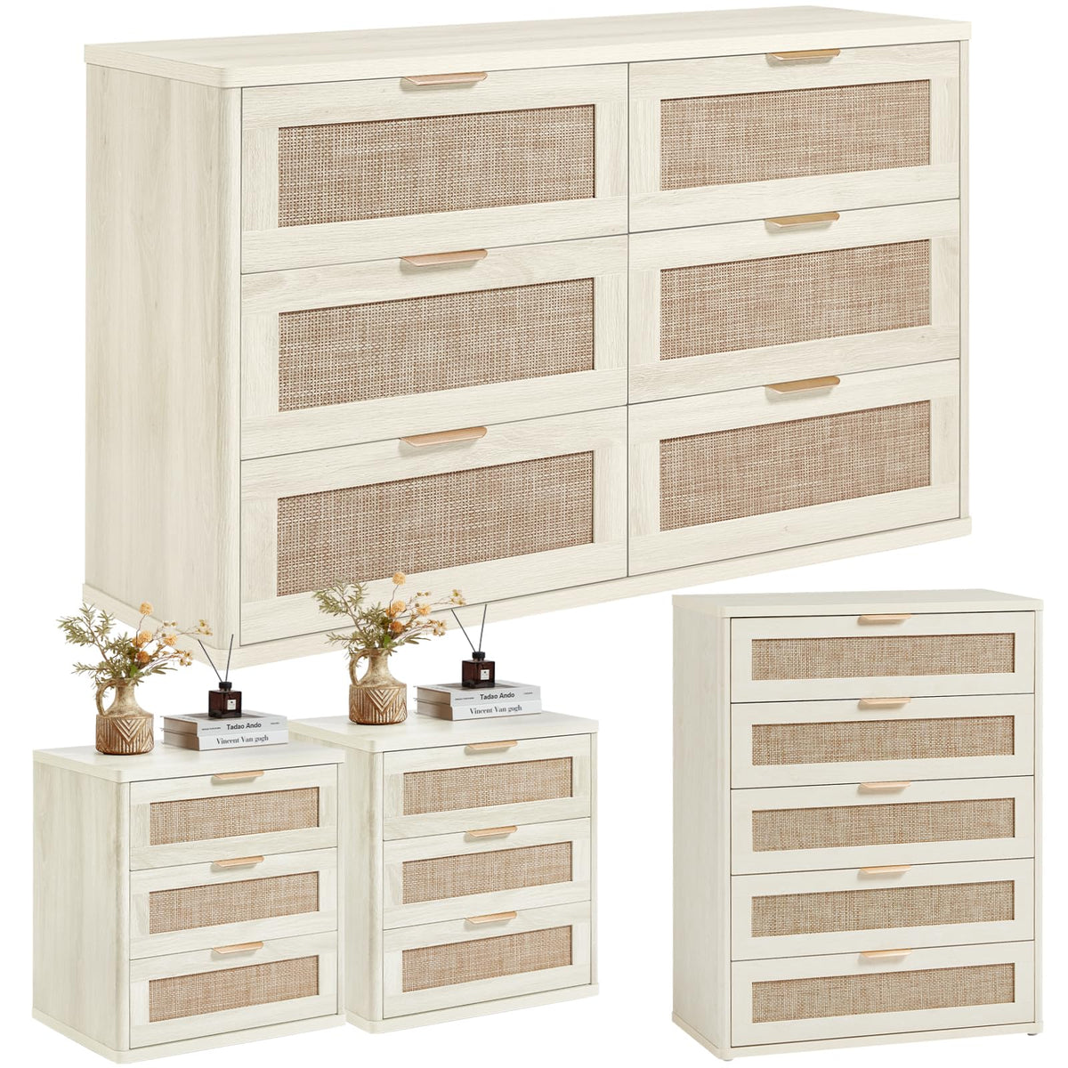LEYAOYAO Rattan Dresser and Nightstand Sets 4 Piece, Grey White