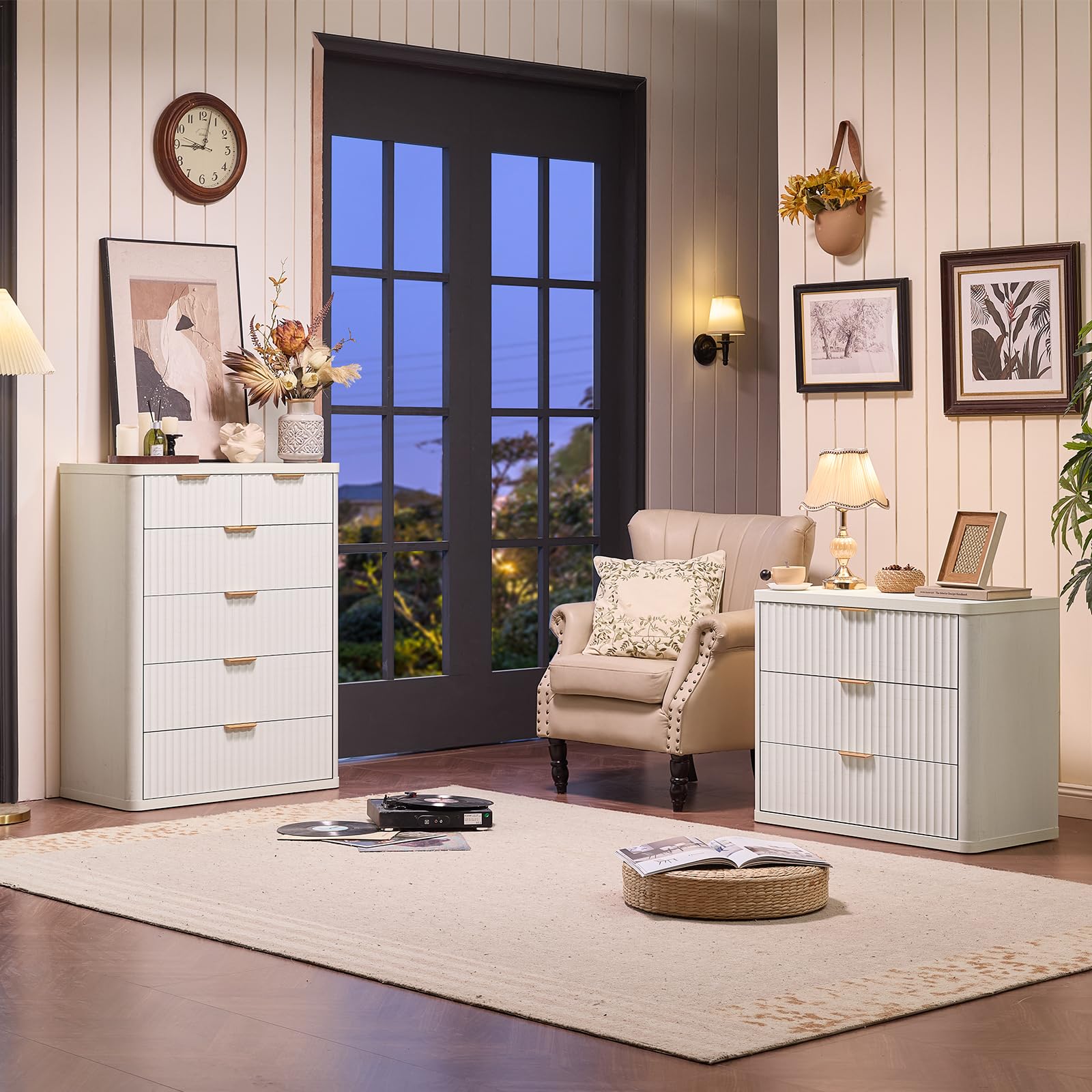 LEYAOYAO 31.5" Wide Fluted Nightstand, Oversized Night Stand, Antique White