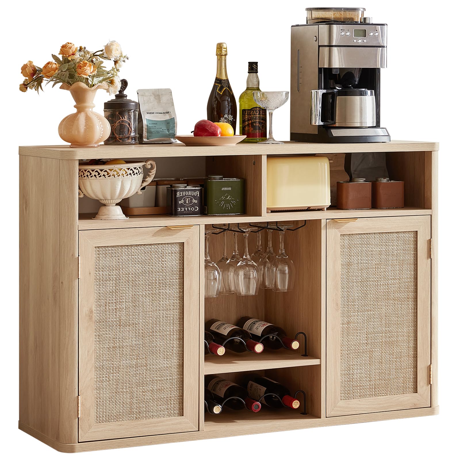 Lerliuo Rattan Wine Bar Cabinet with 2 Doors, Walnut