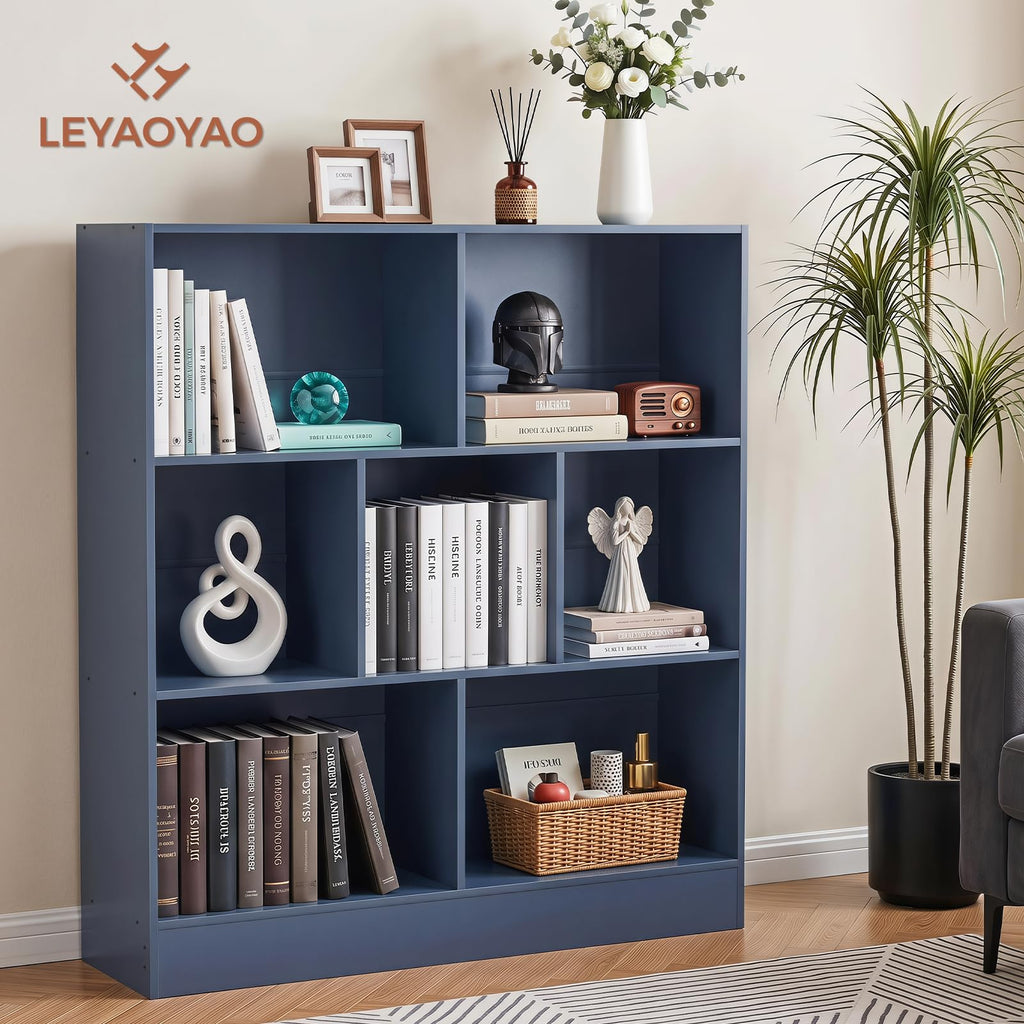 LEYAOYAO 7 Cube Bookshelf with Base,3 Tier Mid-Century Modern Blue Bookcase,Standing Wide Bookshelves Storage Organizer Shelf,Rustic Wood Display Cabinet Book Shelves for Bedroom,Living Room,Office