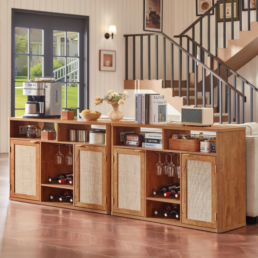 Lerliuo Rattan Wine Bar Cabinet with 2 Doors, Walnut