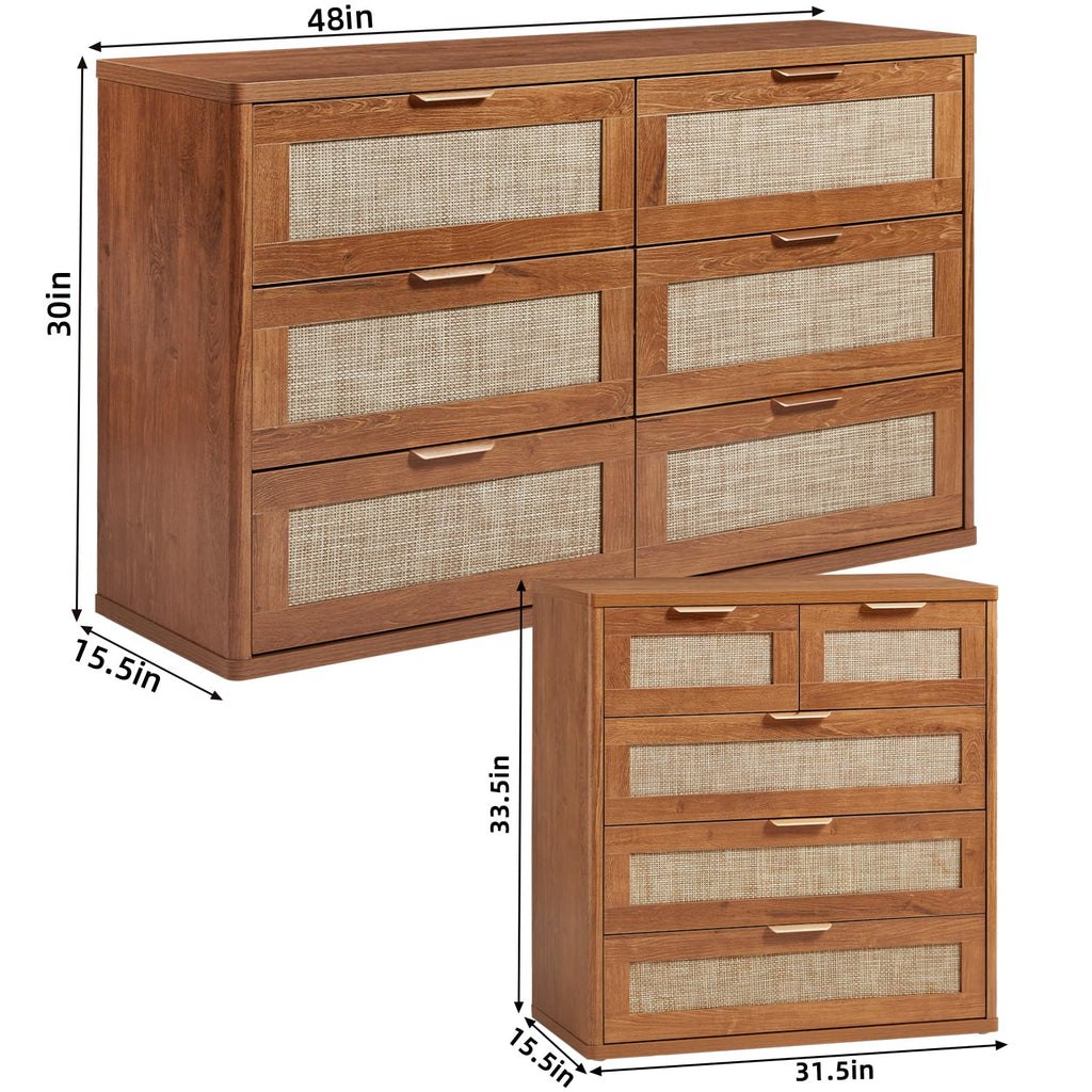 LEYAOYAO Rattan Bedroom Dresser Set of 2, Boho Wood 48" Wide 6 Drawers Dresser for Bedroom and 31.5" Tall 5 Drawers Dressers, Bedrooms Furniture, Dressers & Chests of Drawers, Living Room, Hallway