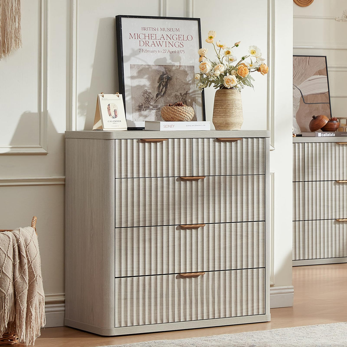 LEYAOYAO Fluted 6 Drawers Dresser for Bedroom Set of 2, 42" Tall Modern Chest of Drawer with Metal Handle, Curved Profile Design,Brown Wood Drawer Organizer for Bedroom, Living Room, Hallway