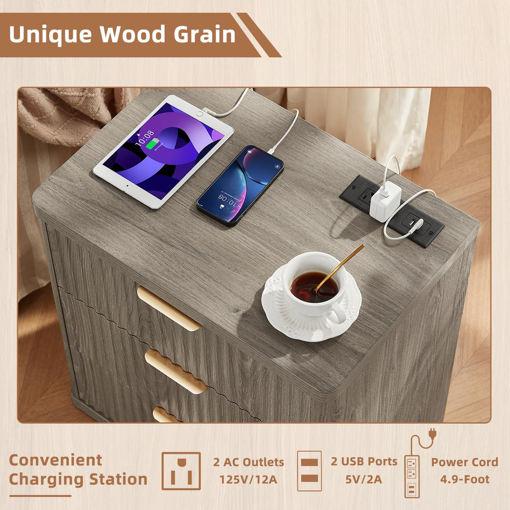 LEYAOYAO Fluted Dressers & Nightstand Set of 4, Wood 48" Wide Dresser & 42" Tall Chest of Drawers,Modern Bedroom Furniture Sets, Natural Wooden Nightstand Set of 2 with 3 Drawers & Charging Station