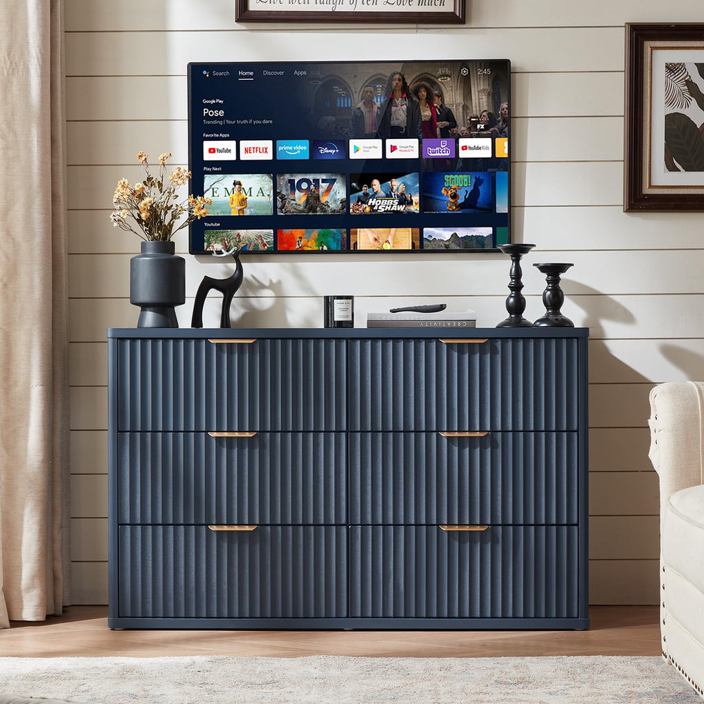 Lerliuo Fluted Nightstand with Charging Station, 23" Wide 2 Drawers End Table, Blue Night Stand with Open Storage Cabinet, Farmhouse Bed Side Tables, Wood Dresser for Bedroom