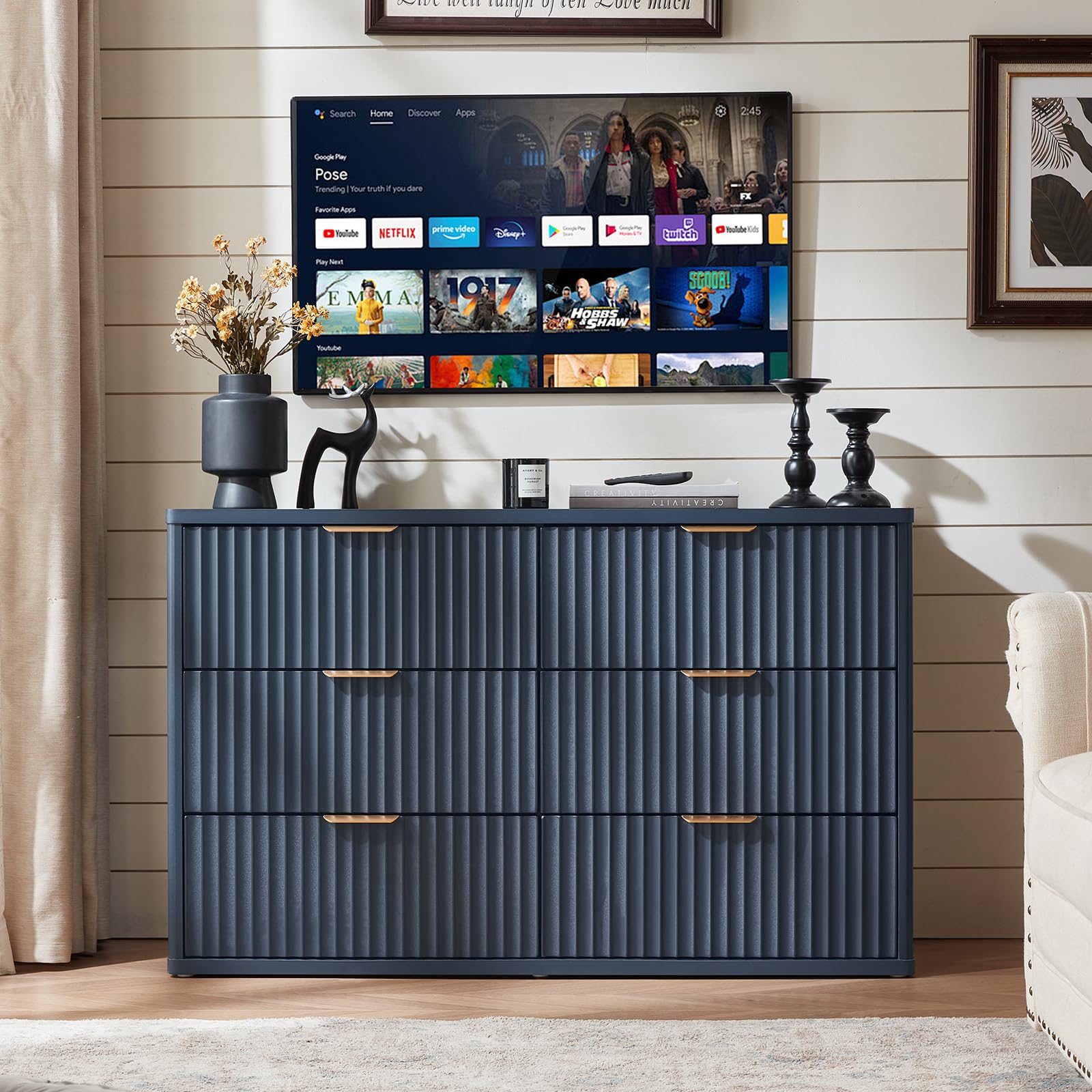 Lerliuo Fluted Nightstand with Charging Station, 23" Wide 2 Drawers End Table, Blue Night Stand with Open Storage Cabinet, Farmhouse Bed Side Tables, Wood Dresser for Bedroom