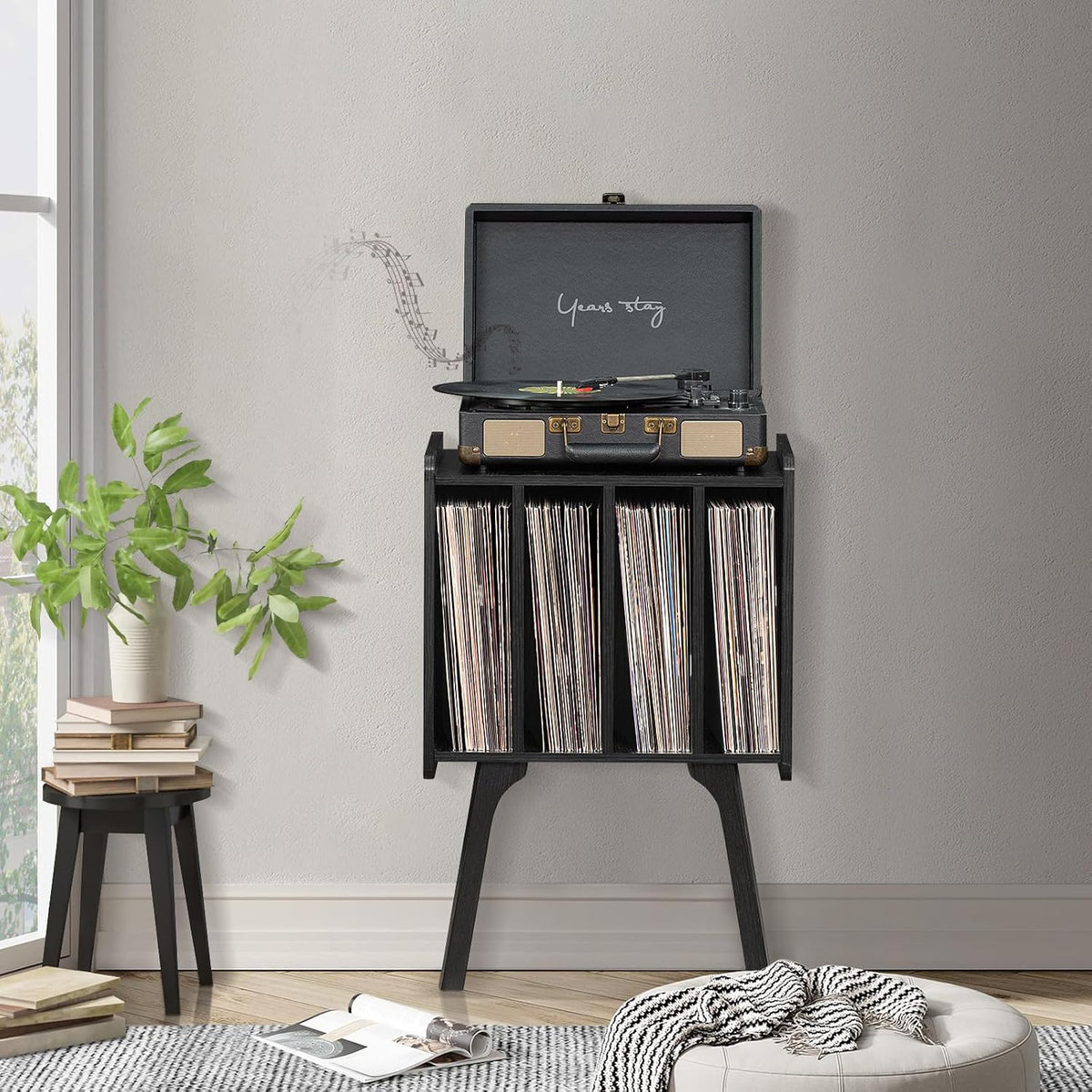 Lerliuo Record Player Stand with Storage Holds Up to 80 Albums, Turntable Stand with Beech Wood Legs, Mid-Century Record Player Table,Black Vinyl Holder Display Shelf for Bedroom Living Room
