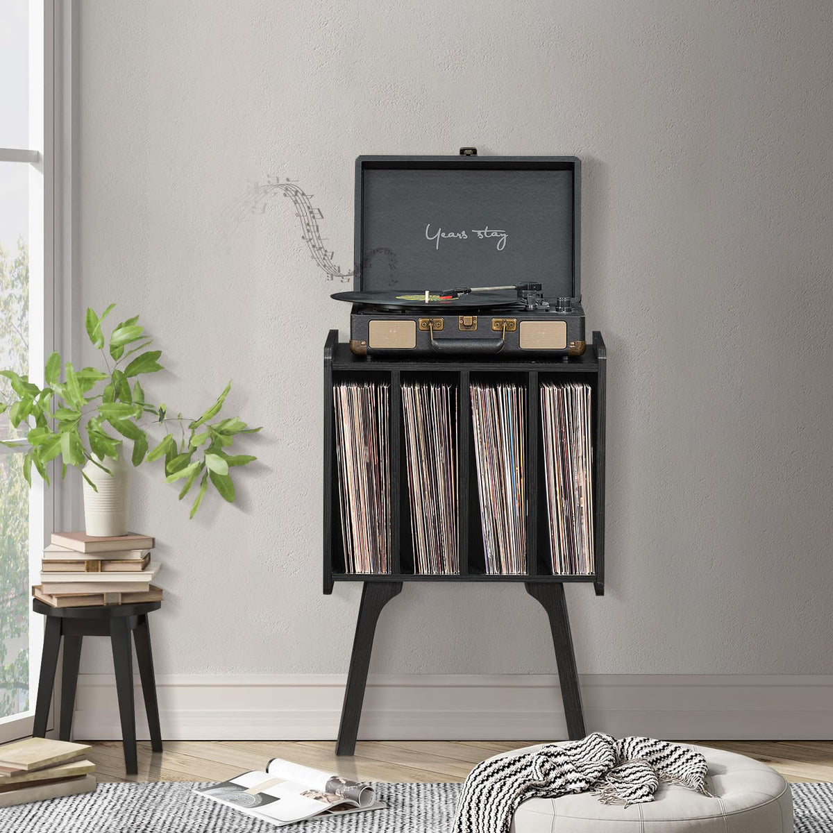 Lerliuo Record Player Stand with Storage Holds Up to 80 Albums, Turntable Stand with Beech Wood Legs, Mid-Century Record Player Table,Black Vinyl Holder Display Shelf for Bedroom Living Room