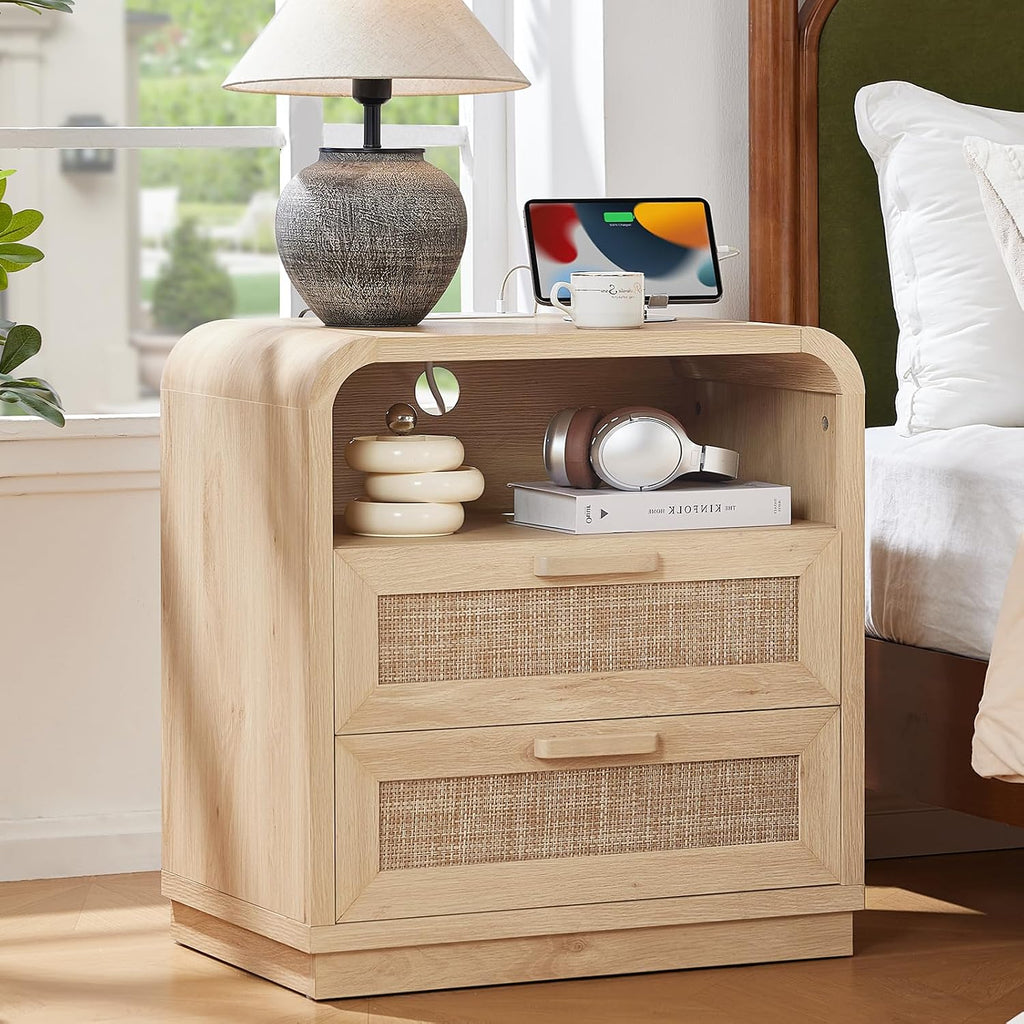 LEYAOYAO Curved Boho Dresser & Nightstand Set of 3, Natural Wood
