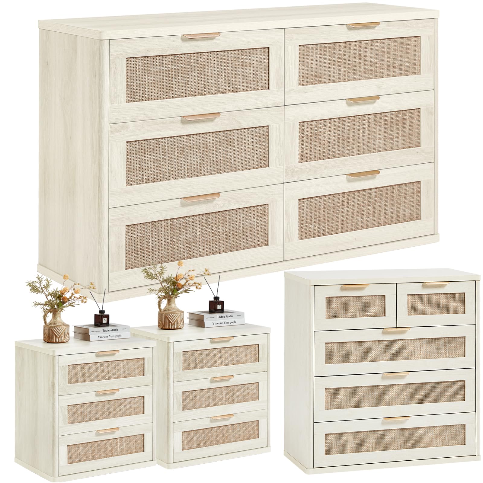 LEYAOYAO Rattan Dresser and Nightstand Sets 4 Piece, Boho Wood Dresser for Bedroom with 6 Drawers and Night Stand with Charging Station, Bedroom Furniture, Dressers & Chests of Drawers, Hallway