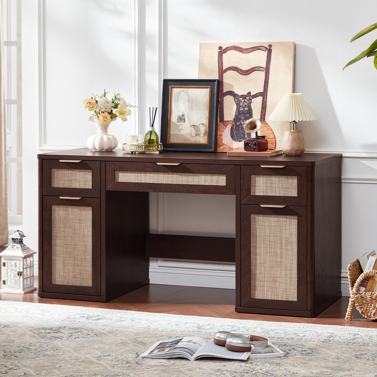 LEYAOYAO Office Desk 56" with 5 Drawers Storage File Cabinet, Natural