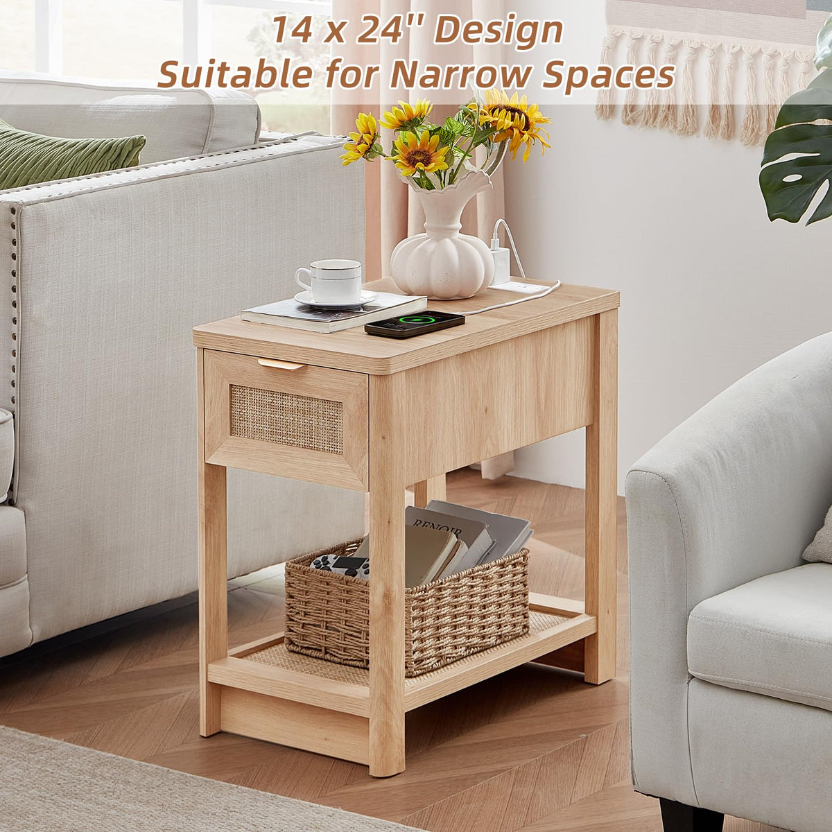 Lerliuo 24 x 14'' Narrow Night Stand Set 2 with Charger USB Ports