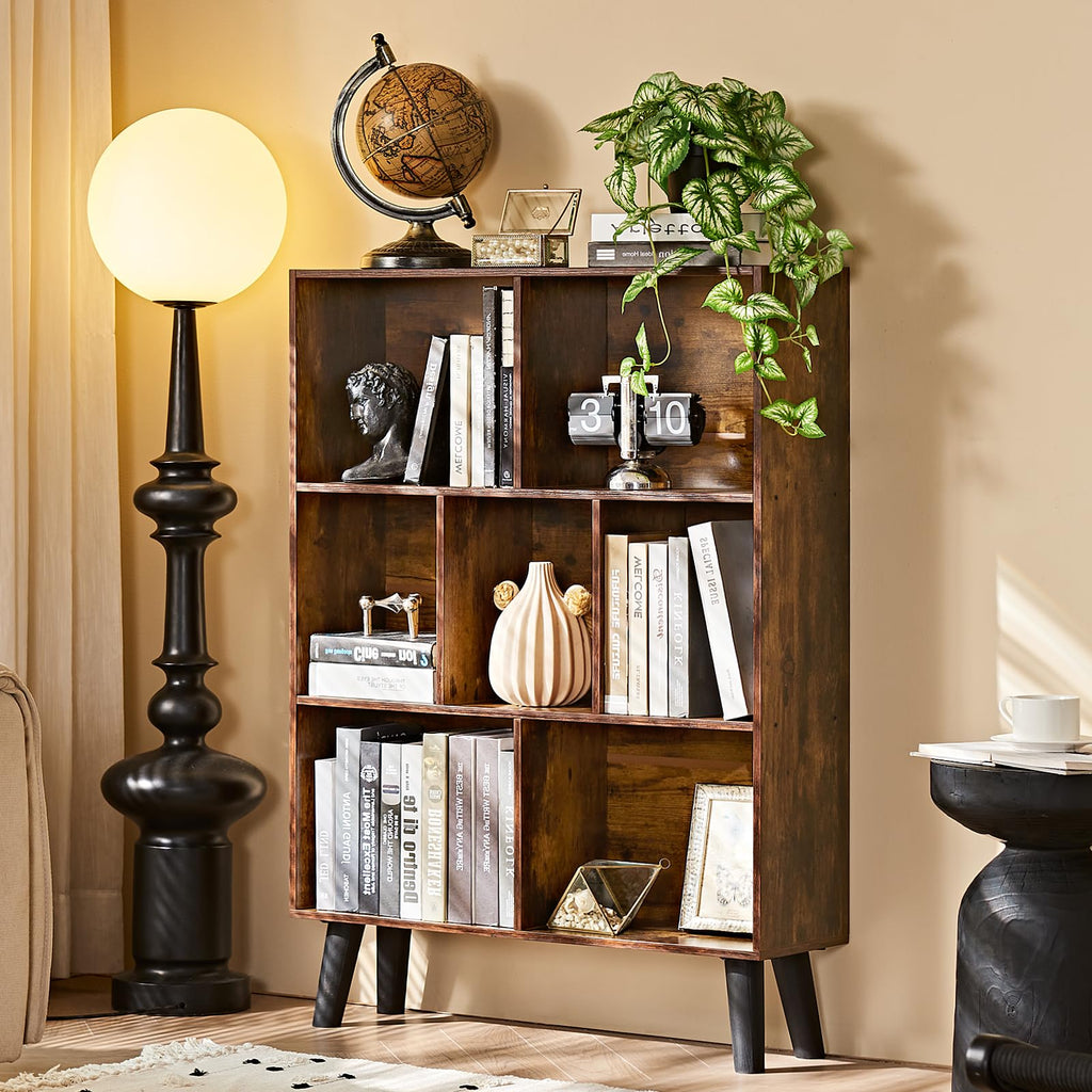 LEYAOYAO 7 Cube Bookshelf, Mid-Century Modern Bookcase Legs,Black Wooden Book Shelves, Wood 3-Tier Freestanding Storage Organizer Display Shelf for Bedroom,Living Room,Office