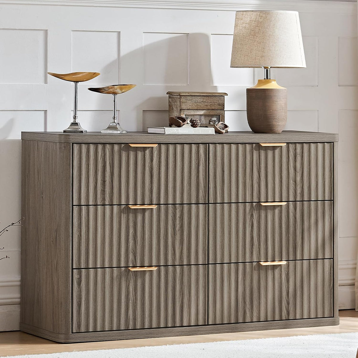 LEYAOYAO 23" Wide Fluted Night Stand with Charging Station, 2 Drawers Large End Table with Storage, LightGrey Nightstand Wood Bedside Tables, Farmhouse Cabinet Dresser for Bedroom, Closet