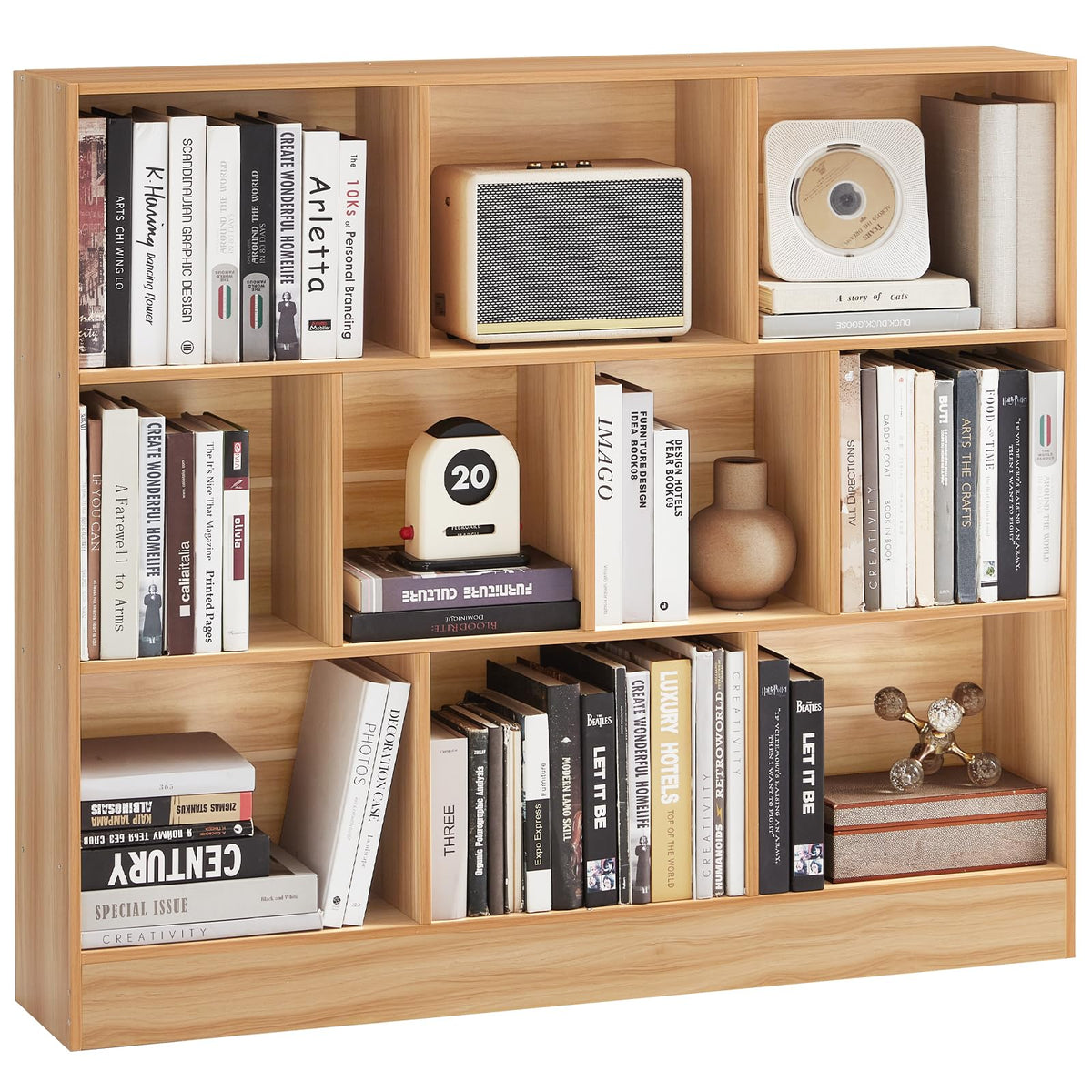 LEYAOYAO 7 Cube Bookshelf with Base,3 Tier Mid-Century Modern Blue Bookcase,Standing Wide Bookshelves Storage Organizer Shelf,Rustic Wood Display Cabinet Book Shelves for Bedroom,Living Room,Office