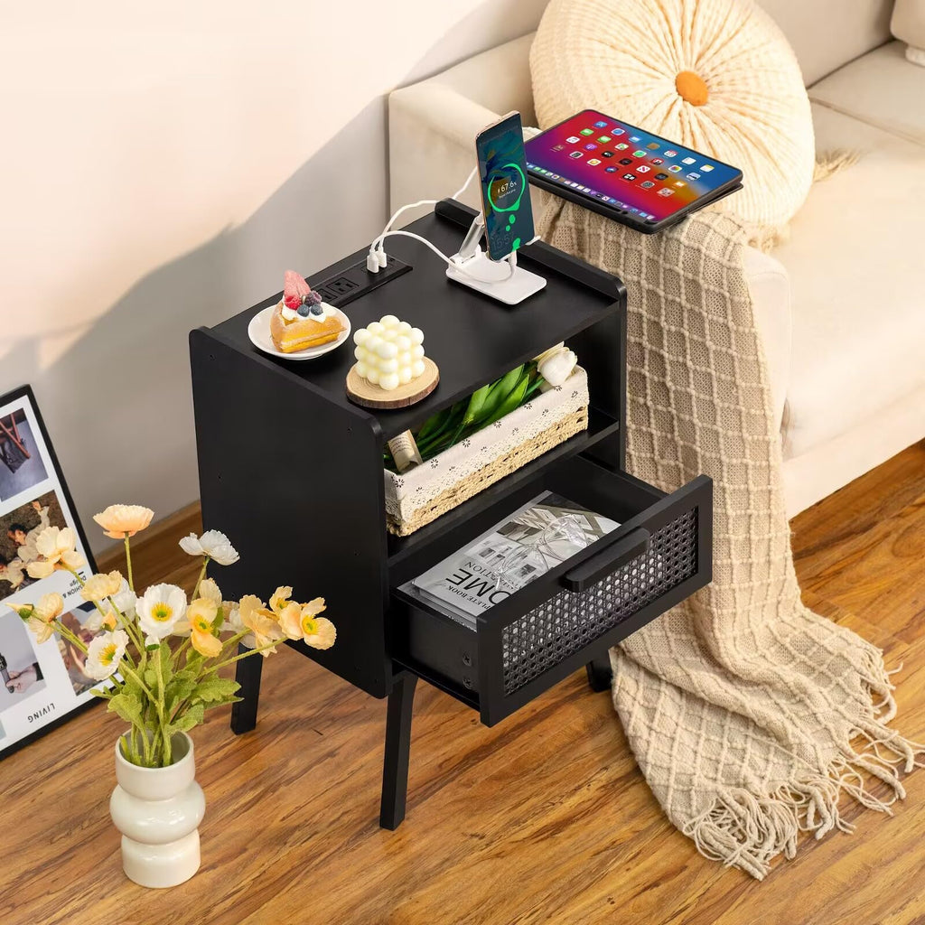 Lerliuo Rattan Nightstand with Charging Station, Boho Night Stand
