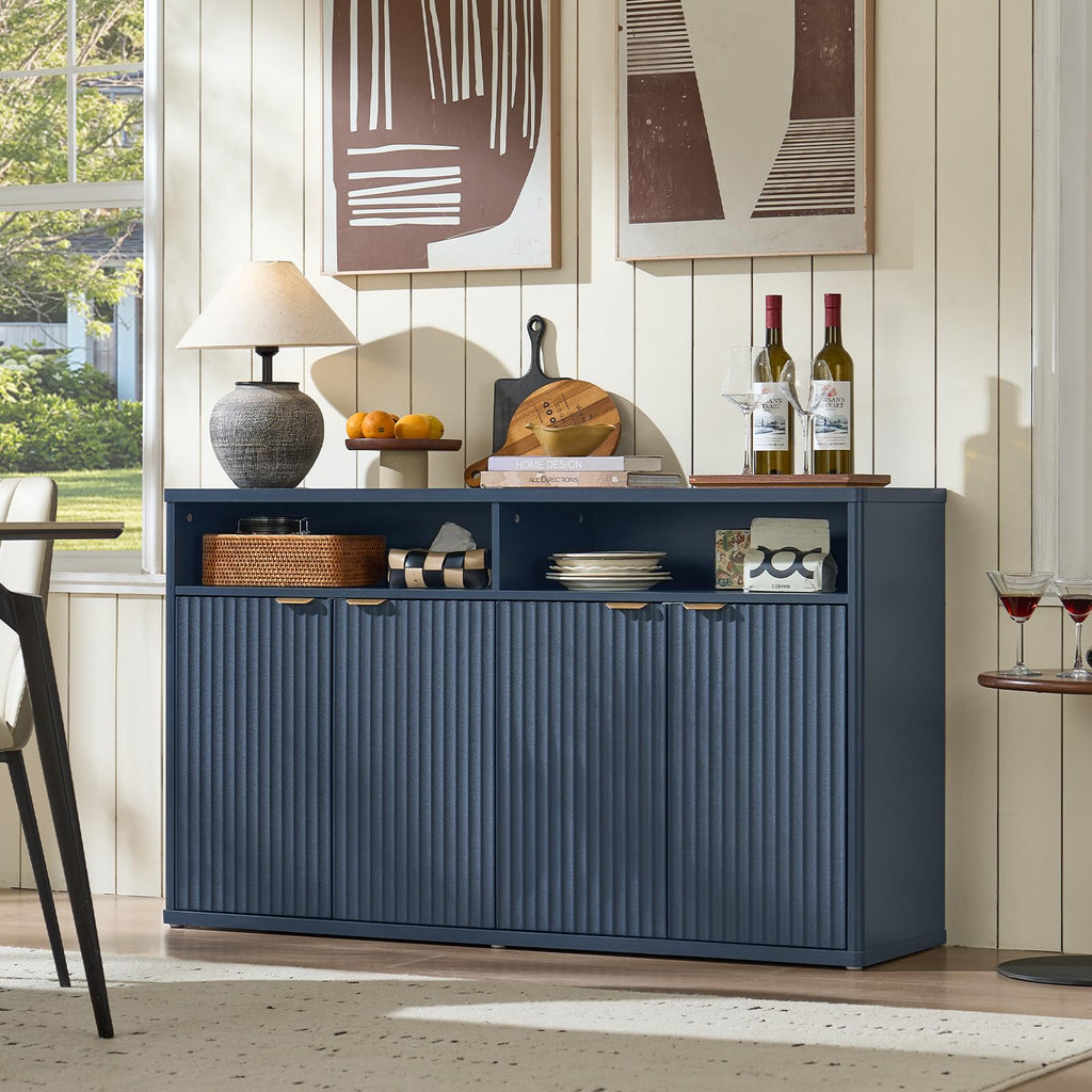LEYAOYAO 45-Inch Fluted Buffet Cabinet with 3 Doors,Dark Blue