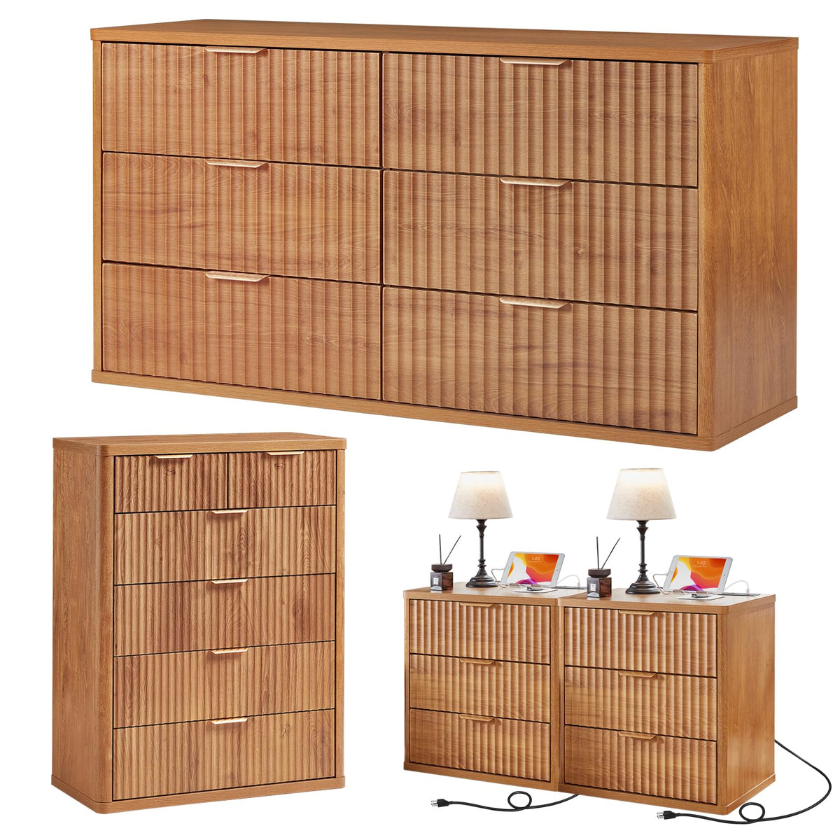 LEYAOYAO Fluted Dressers & Nightstand Set of 4, Wood 48" Wide Dresser & 42" Tall Chest of Drawers,Modern Bedroom Furniture Sets, Natural Wooden Nightstand Set of 2 with 3 Drawers & Charging Station