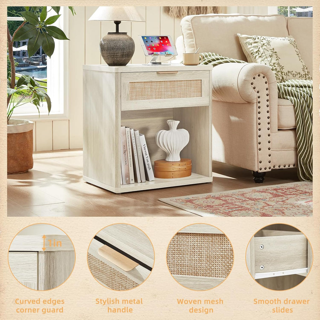 LEYAOYAO Rattan Dresser and Nightstand Set of 3, Boho Wood Dresser for Bedroom with 6 Drawers and Night Stand with Charging Station, Bedroom Furniture, Dressers & Chests of Drawers, Living Room