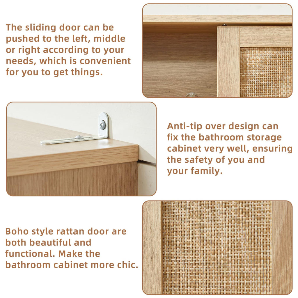 Lerliuo Rattan Bathroom Wall Cabinet, Boho Natural Medicine Cabinet with Adjustable Wood Shelf, 2 Doors Over The Toilet Storage Cabinets for Laundry Room, Kitchen, Living Room