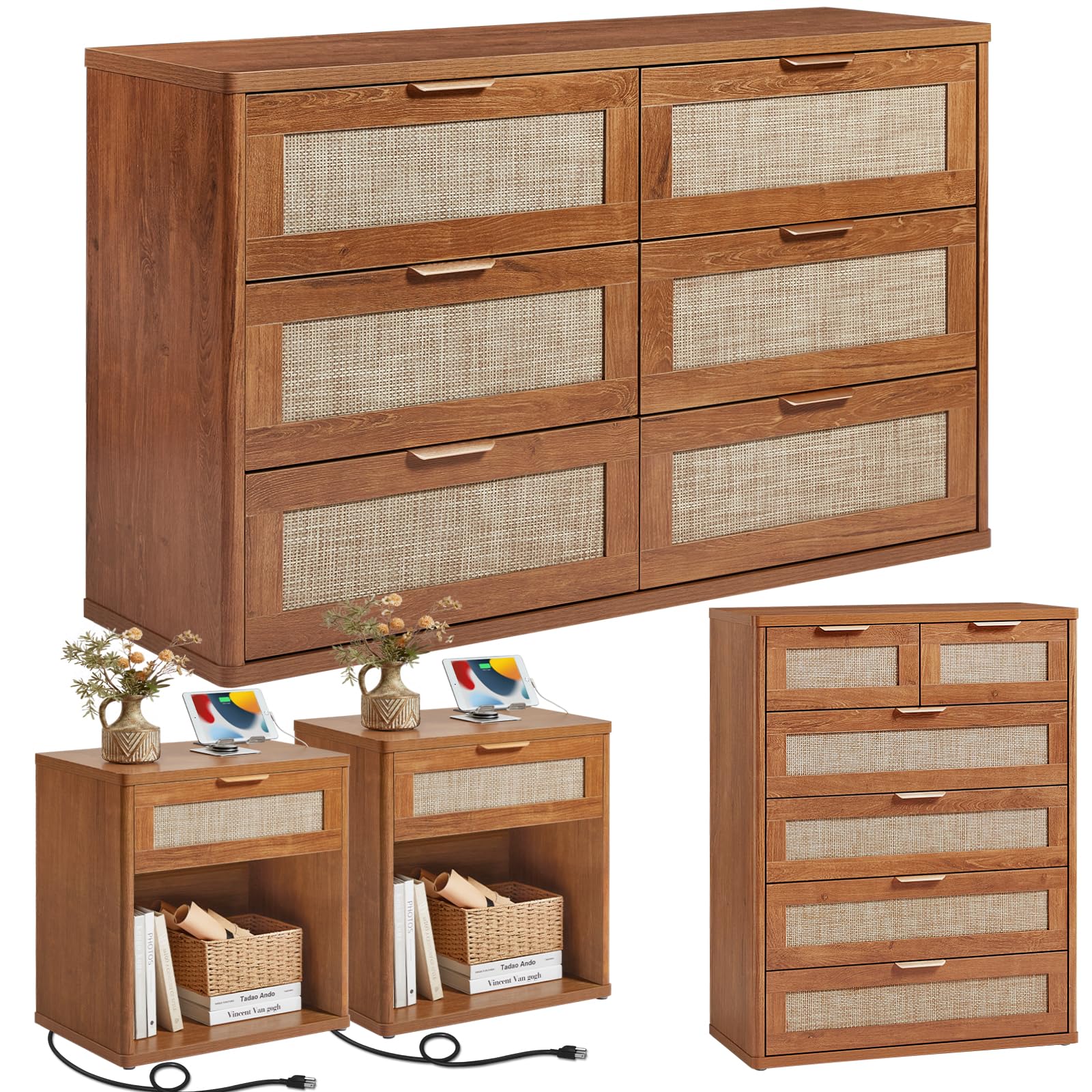 LEYAOYAO Rattan Dresser and Nightstand Sets 4 Piece, Natural