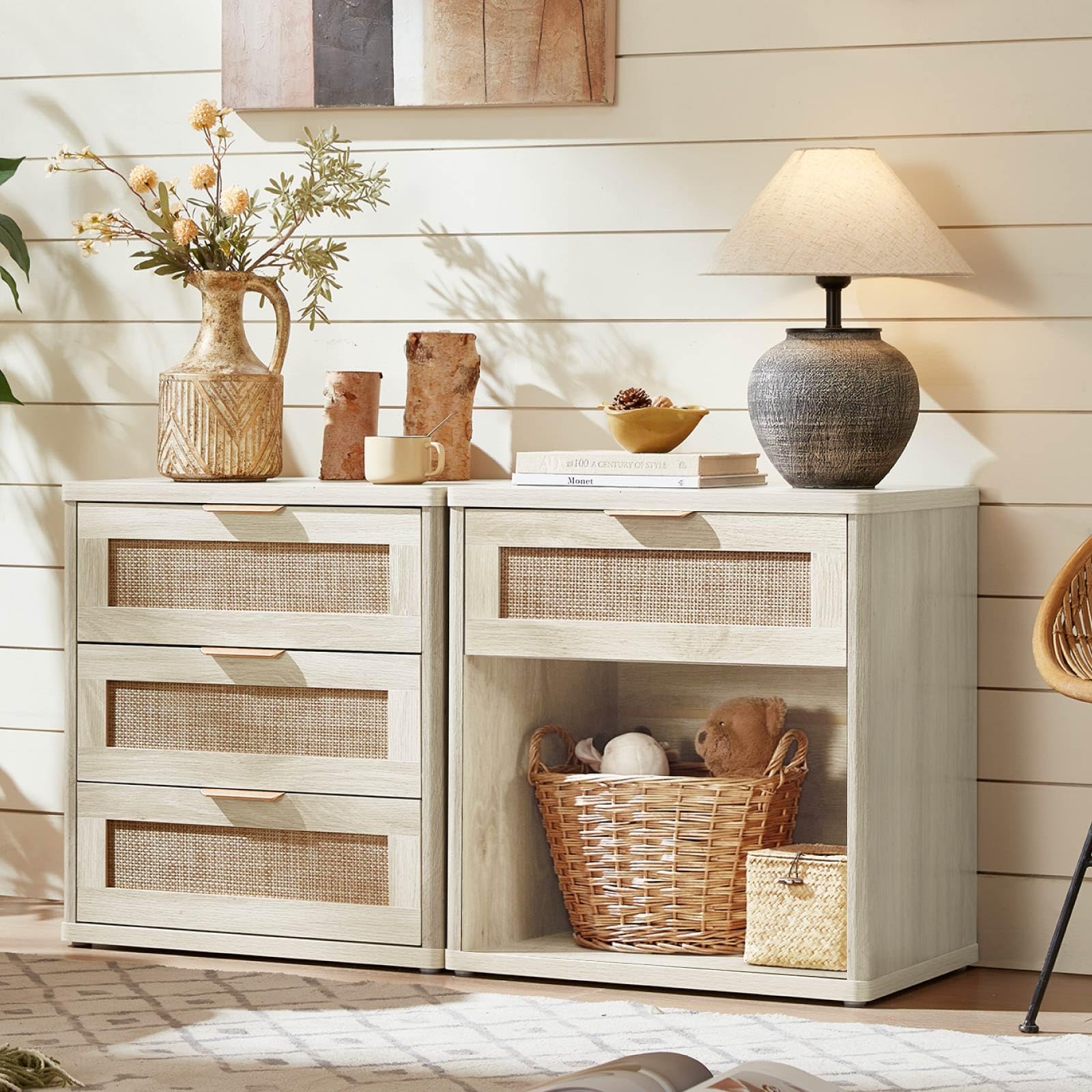 LEYAOYAO Rattan Nightstand Set of 2 with Charging Station, 1 & 2 Drawers Boho Night Stand Dresser for Bedroom, Natural Wood Bedside Table Open Storage Cabinet, Bed Side End Tables, Living Room,Hallway