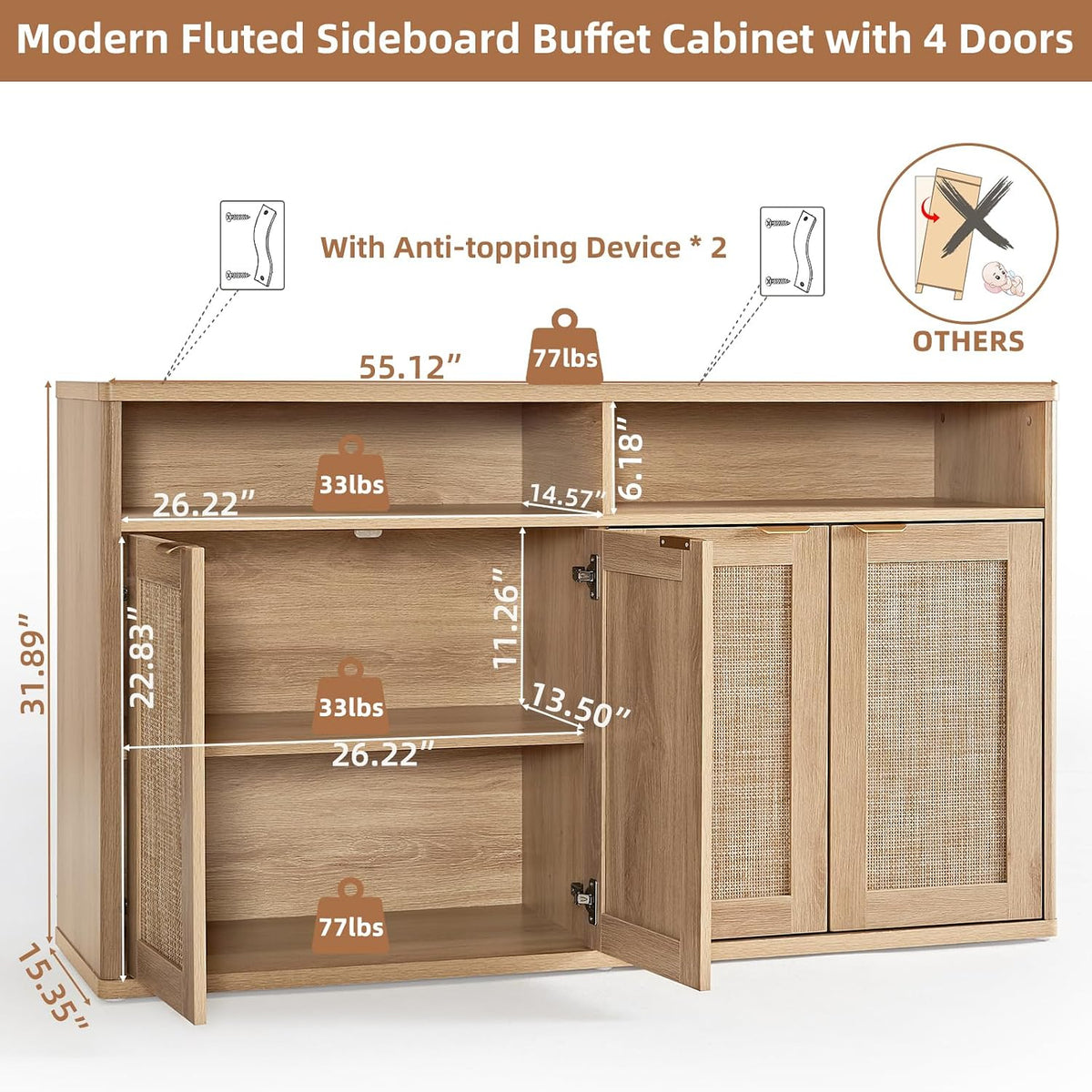 LEYAOYAO Rattan Sideboard Buffet Cabinet,55" Coffee Bar Cabinet with 4 Doors & Open Storage Shelf,Modern Credenza Console Table for Living Room Rattan Farmhouse entryway Natural