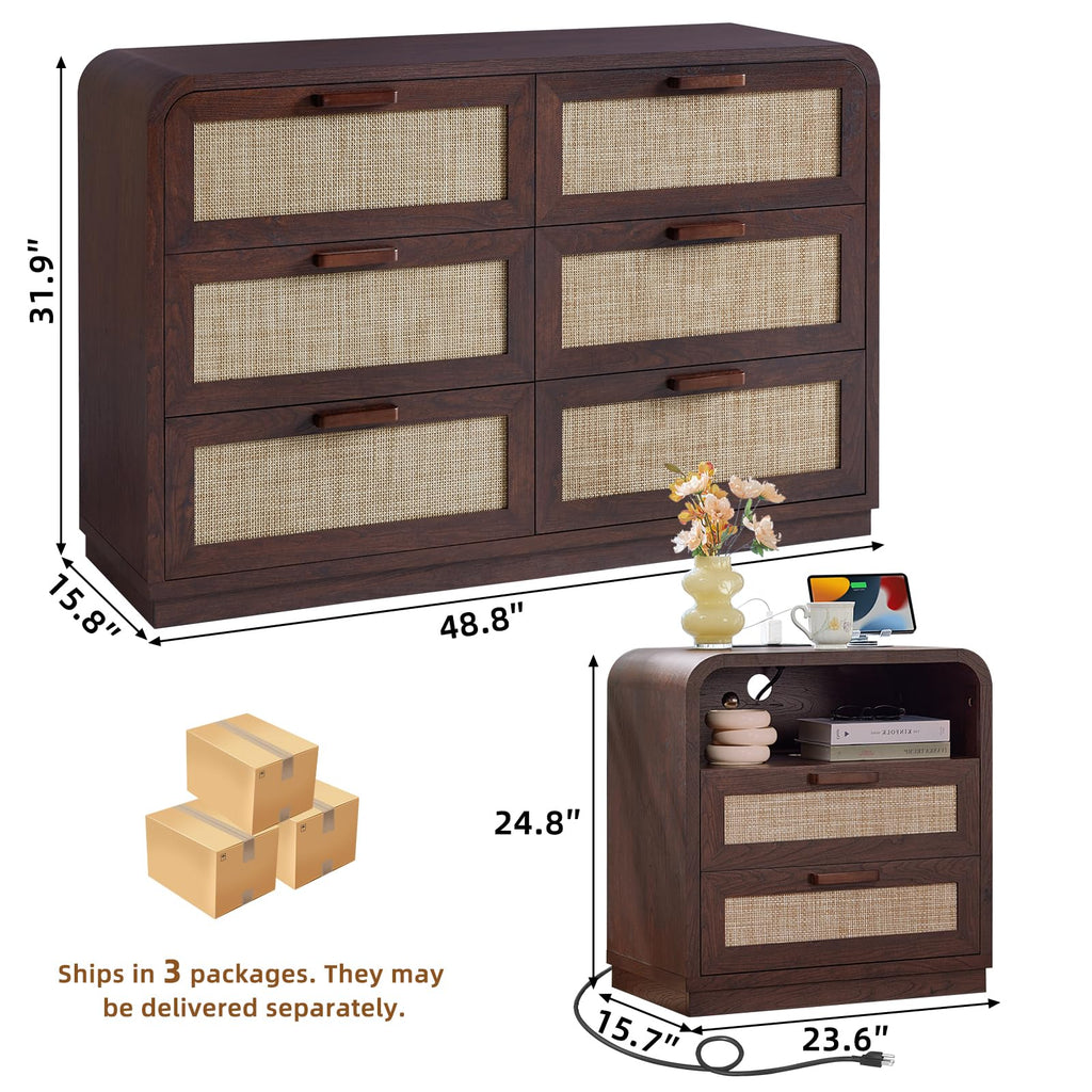 LEYAOYAO Curved Boho Dresser & Nightstand Set of 3, Natural Wood