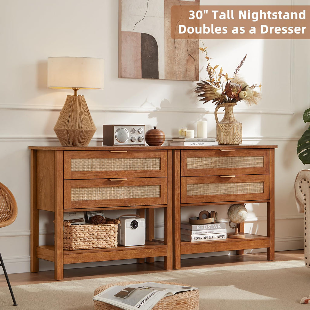 Lerliuo 31.5" Wide Rattan Nightstand,Oversized Large Boho Night Stand with 2 Drawers, 30" Tall Grey White Bedside Table with Storage Shelf, Bed Side End Tables for Bedroom, Living Room, Hallway
