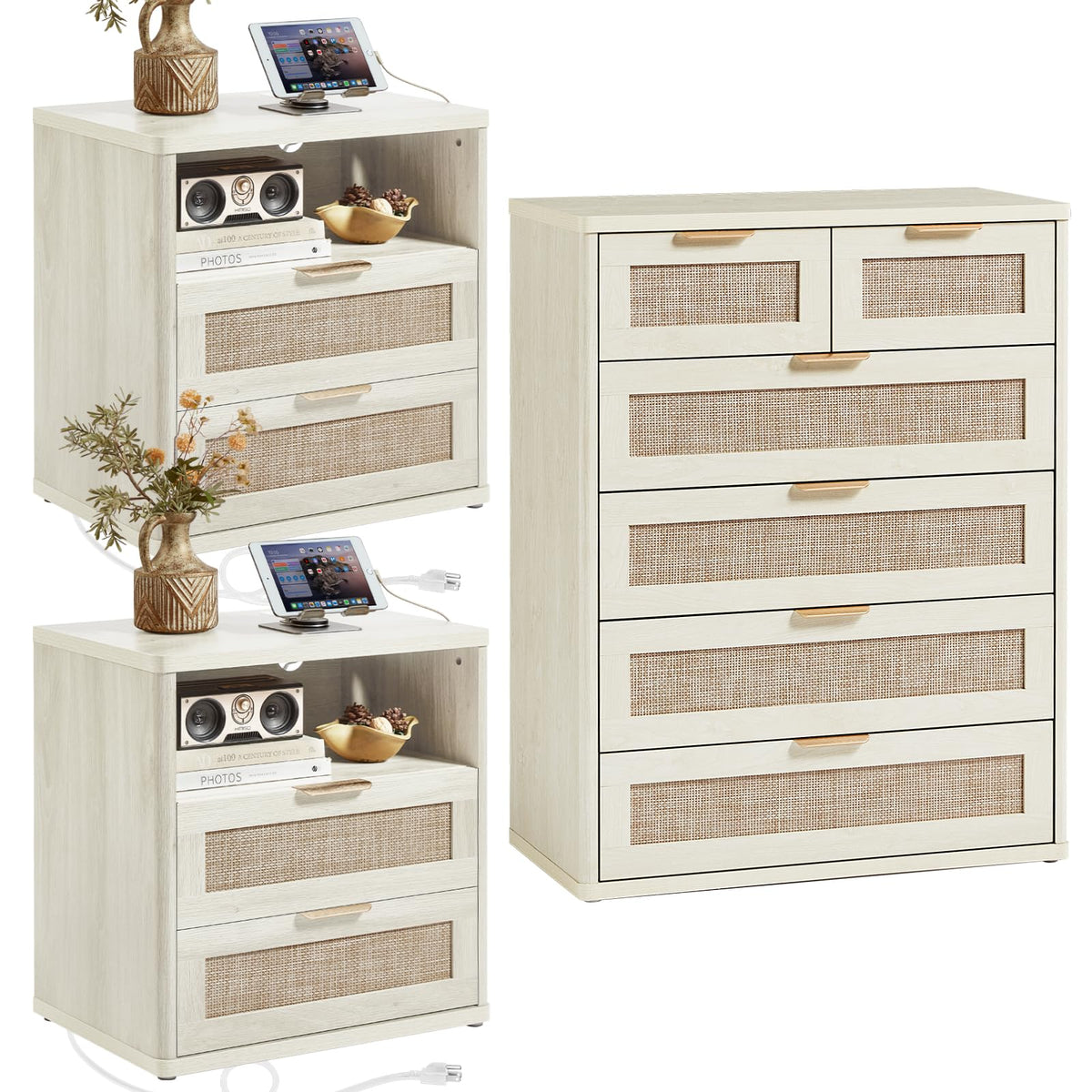 LEYAOYAO Rattan Dresser and Nightstand Set of 3, Boho Wood Dresser for Bedroom with 6 Drawers and Night Stand with Charging Station, Bedroom Furniture, Dressers & Chests of Drawers, Living Room