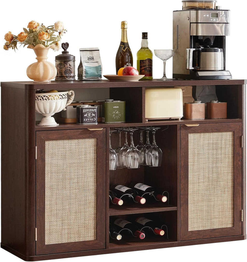 Lerliuo Rattan Wine Bar Cabinet with 2 Doors, Walnut