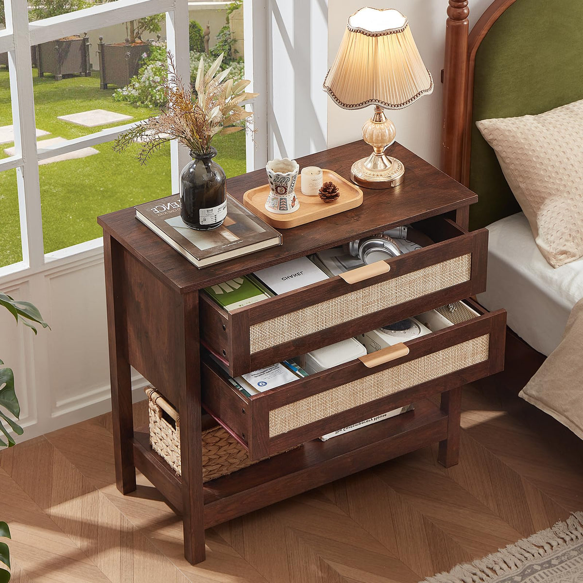 Lerliuo 31.5" Wide Rattan Nightstand,Oversized Large Boho Night Stand with 2 Drawers, 30" Tall Grey White Bedside Table with Storage Shelf, Bed Side End Tables for Bedroom, Living Room, Hallway
